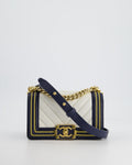 Chanel Navy and White 19C Small Boy Bag in Chevron Lambskin Leather and Gold Hardware with Gold Rope Trim Detailing