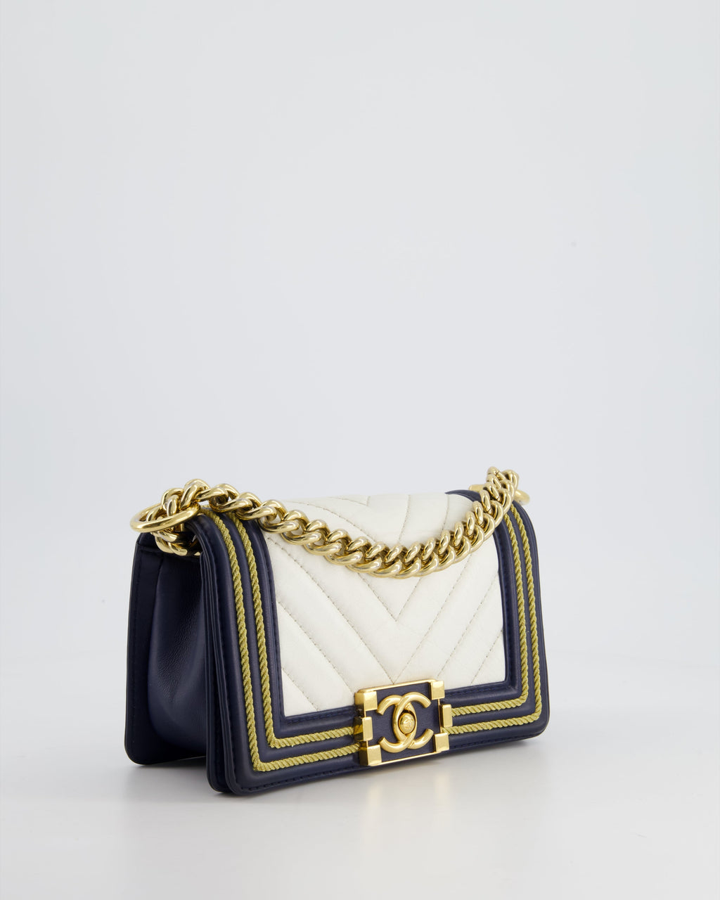 Chanel Navy and White 19C Small Boy Bag in Chevron Lambskin Leather and Gold Hardware with Gold Rope Trim Detailing