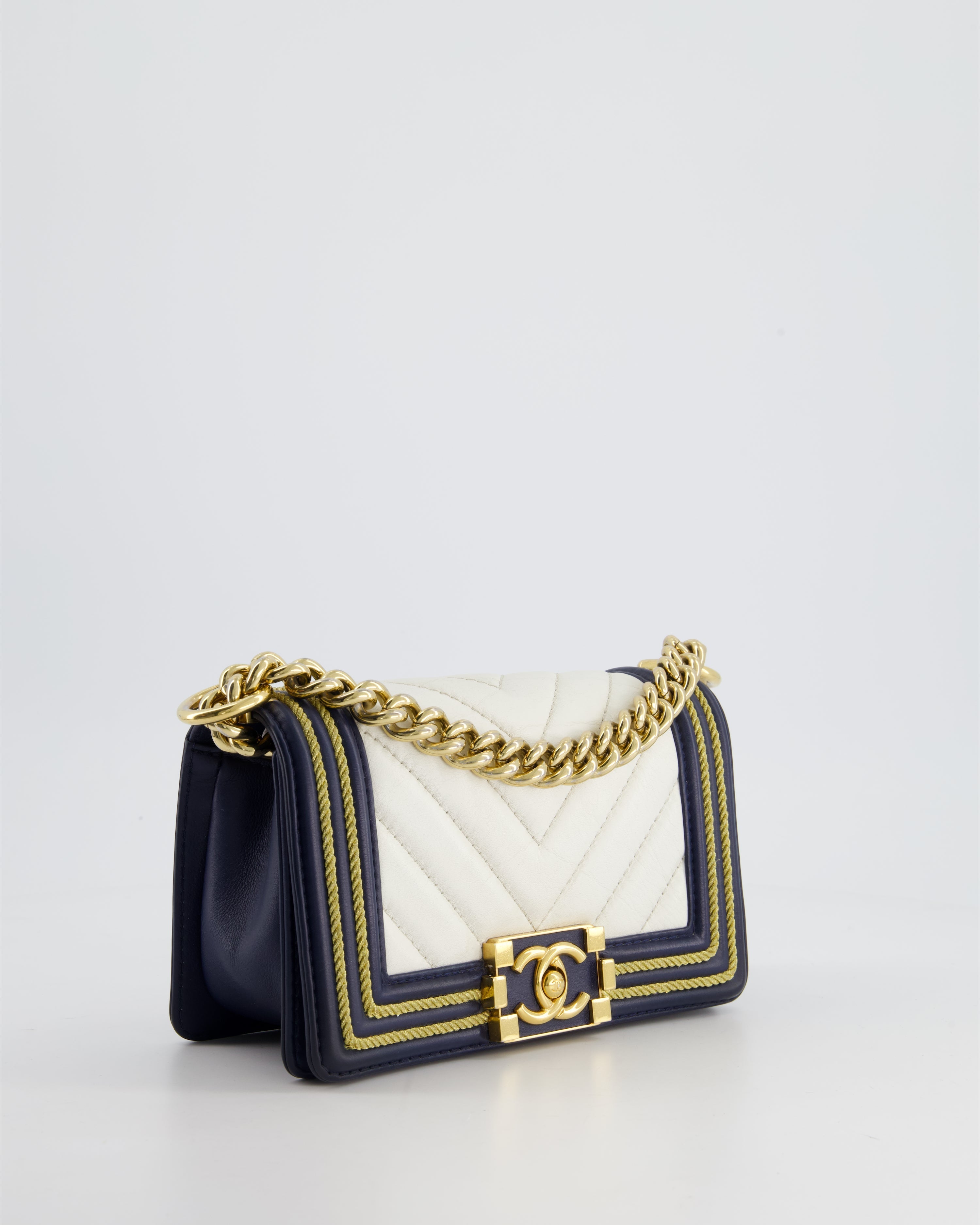 Chanel Navy and White 19C Small Boy Bag in Chevron Lambskin Leather and Gold Hardware with Gold Rope Trim Detailing