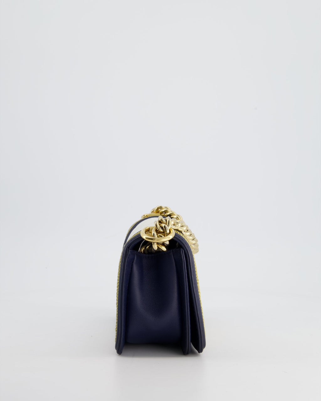 Chanel Navy and White 19C Small Boy Bag in Chevron Lambskin Leather and Gold Hardware with Gold Rope Trim Detailing