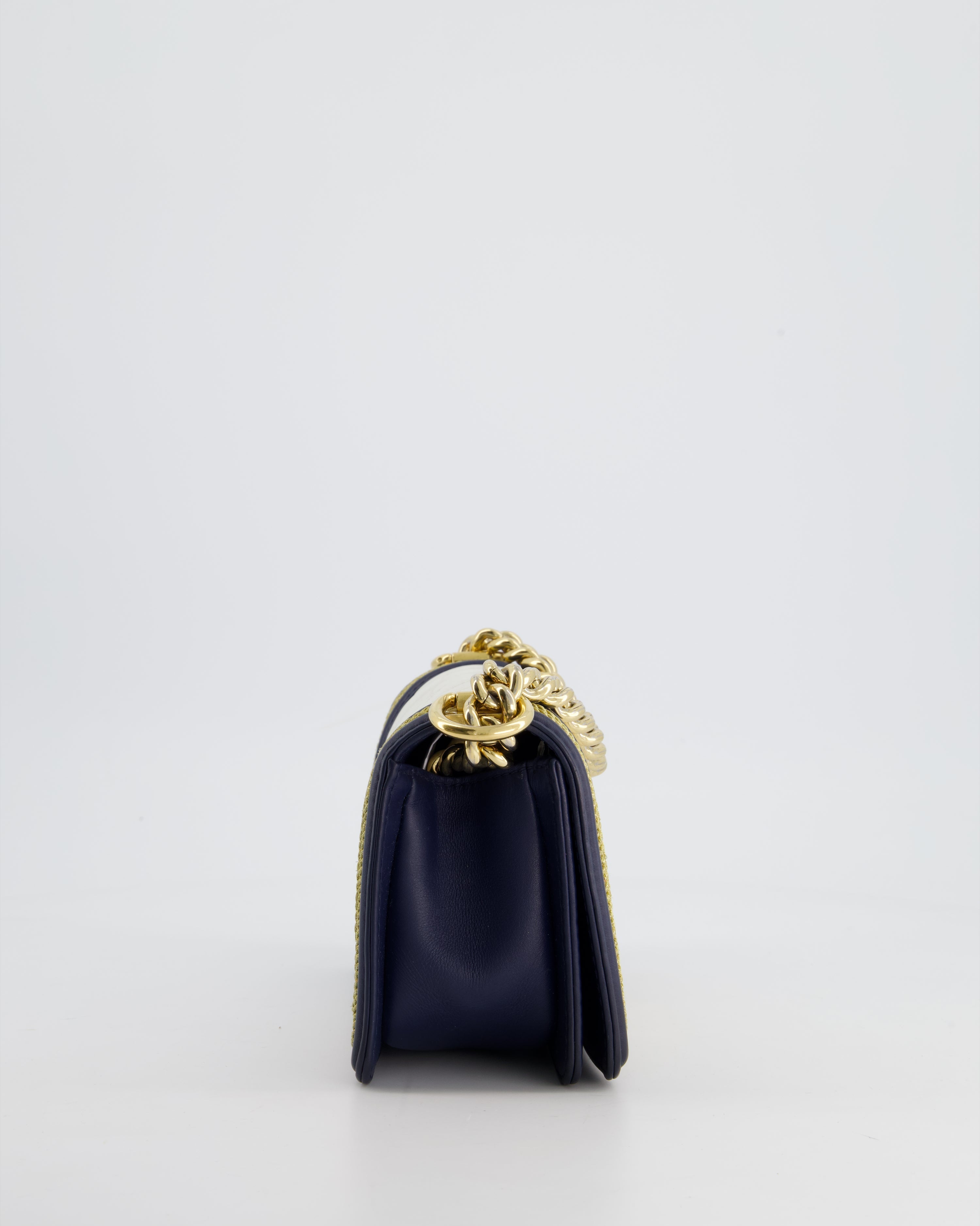 Chanel Navy and White 19C Small Boy Bag in Chevron Lambskin Leather and Gold Hardware with Gold Rope Trim Detailing