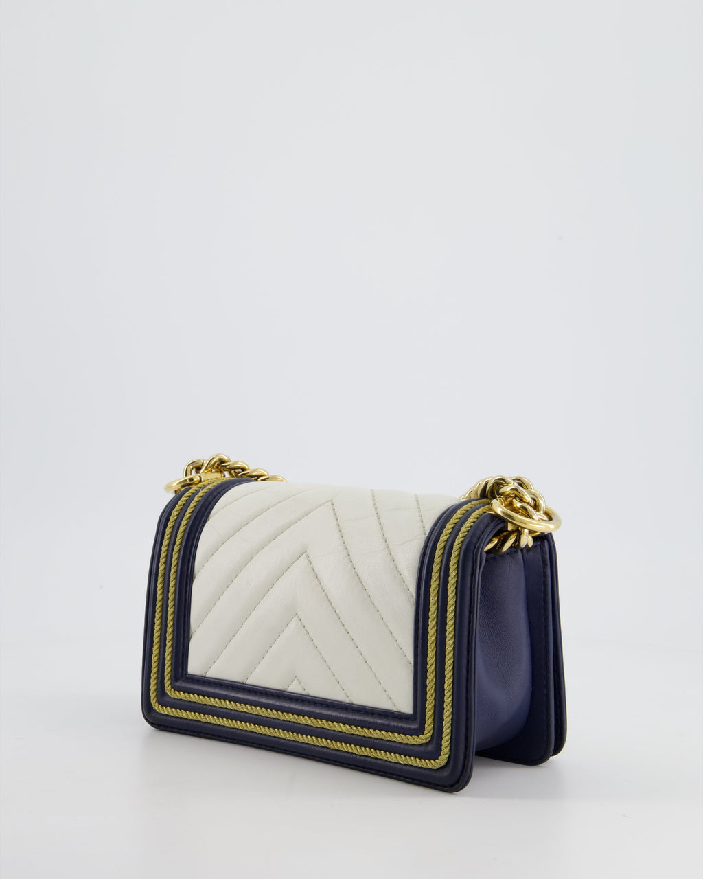 Chanel Navy and White 19C Small Boy Bag in Chevron Lambskin Leather and Gold Hardware with Gold Rope Trim Detailing