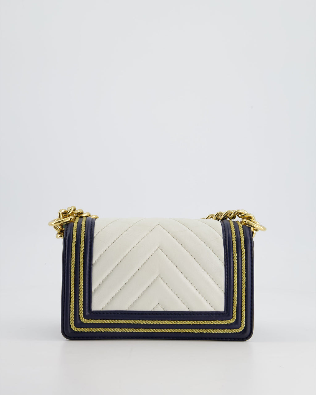 Chanel Navy and White 19C Small Boy Bag in Chevron Lambskin Leather and Gold Hardware with Gold Rope Trim Detailing