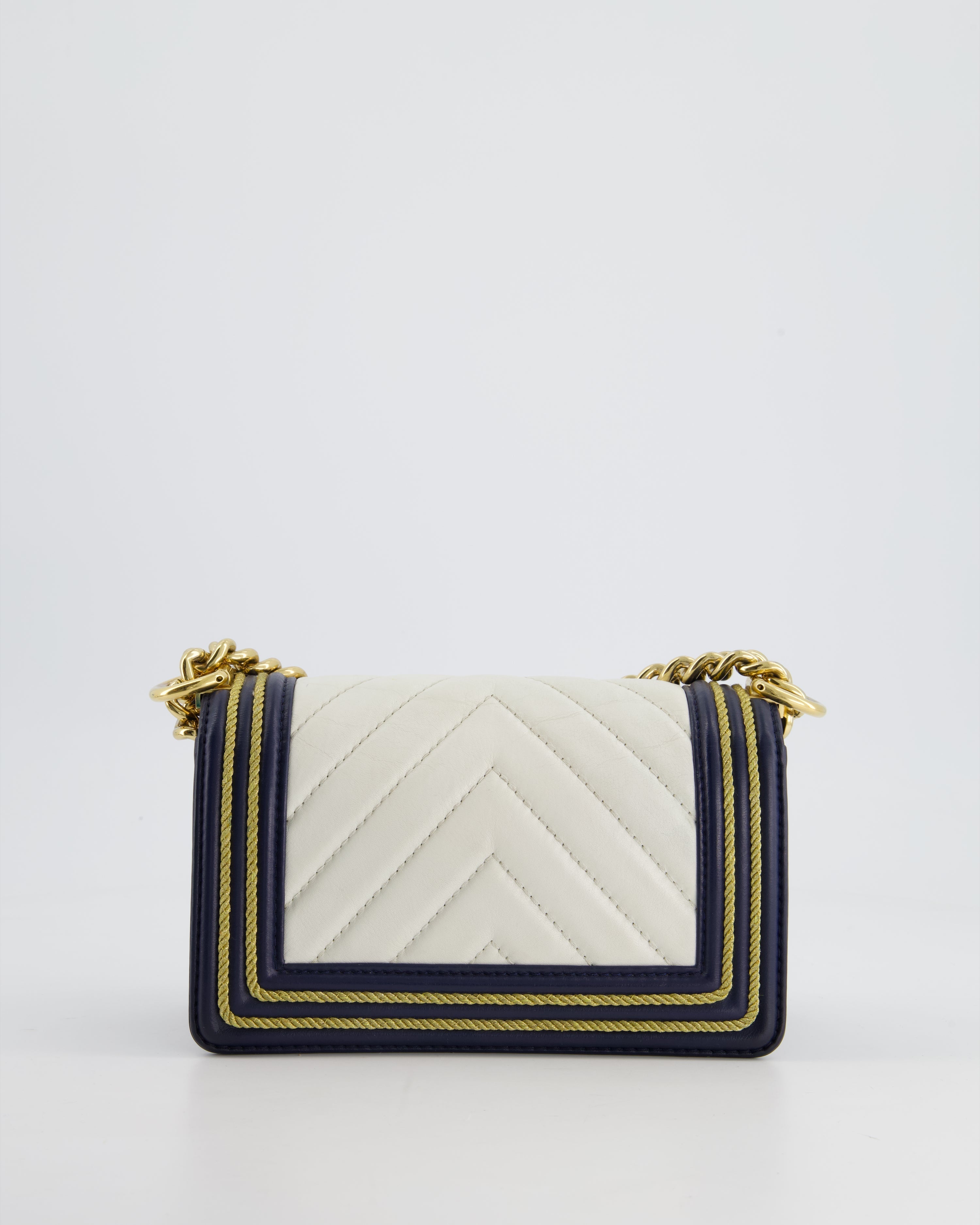 Chanel Navy and White 19C Small Boy Bag in Chevron Lambskin Leather and Gold Hardware with Gold Rope Trim Detailing