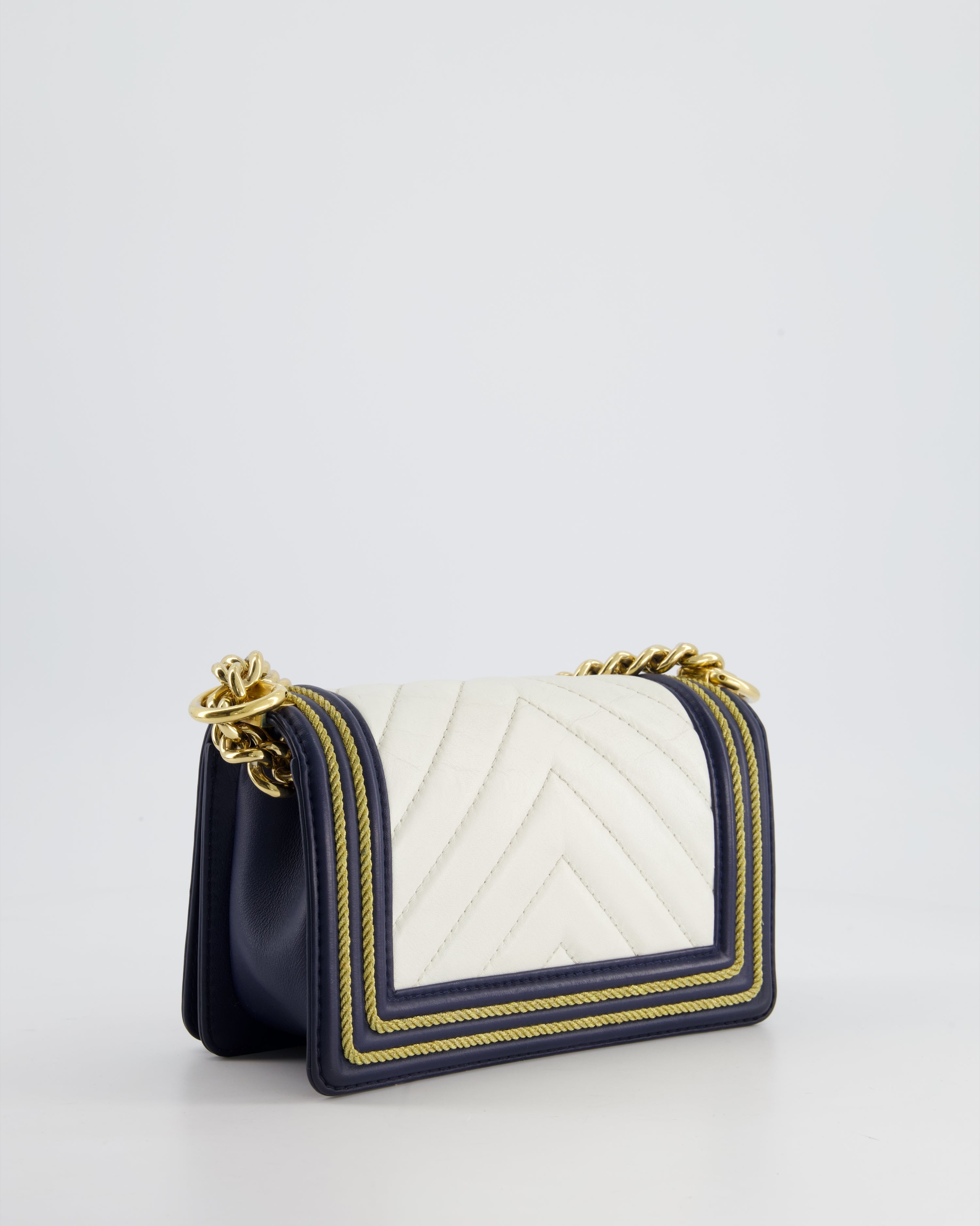 Chanel Navy and White 19C Small Boy Bag in Chevron Lambskin Leather and Gold Hardware with Gold Rope Trim Detailing