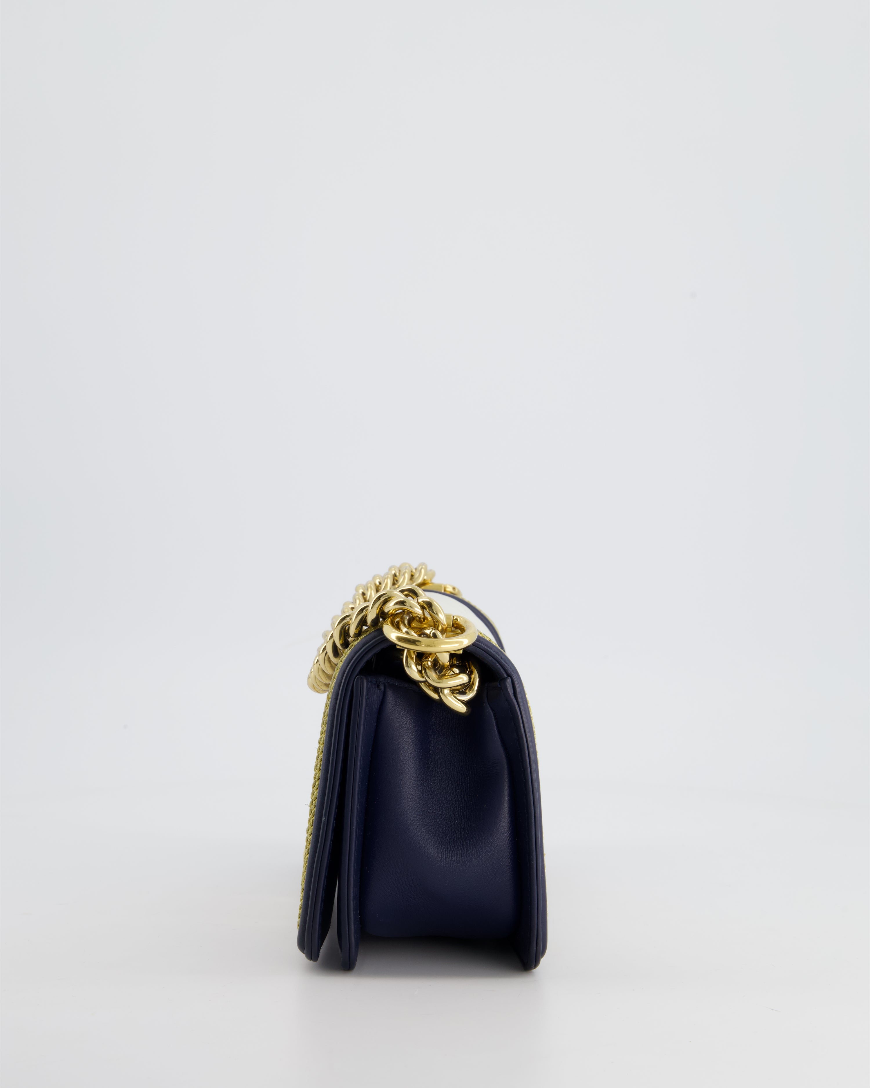 Chanel Navy and White 19C Small Boy Bag in Chevron Lambskin Leather and Gold Hardware with Gold Rope Trim Detailing