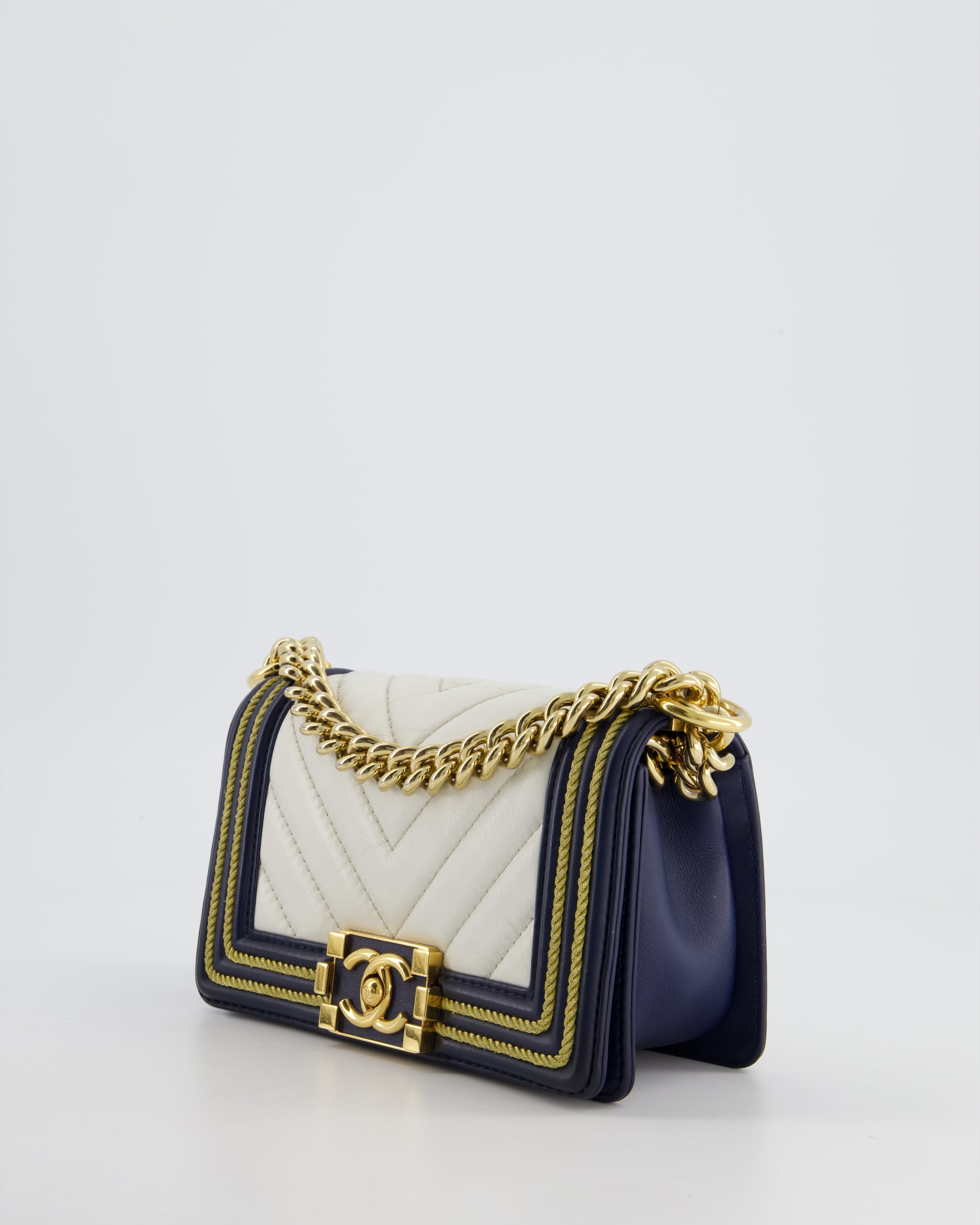 Chanel Navy and White 19C Small Boy Bag in Chevron Lambskin Leather and Gold Hardware with Gold Rope Trim Detailing
