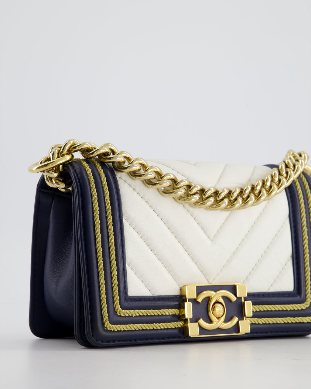 Chanel Navy and White 19C Small Boy Bag in Chevron Lambskin Leather and Gold Hardware with Gold Rope Trim Detailing