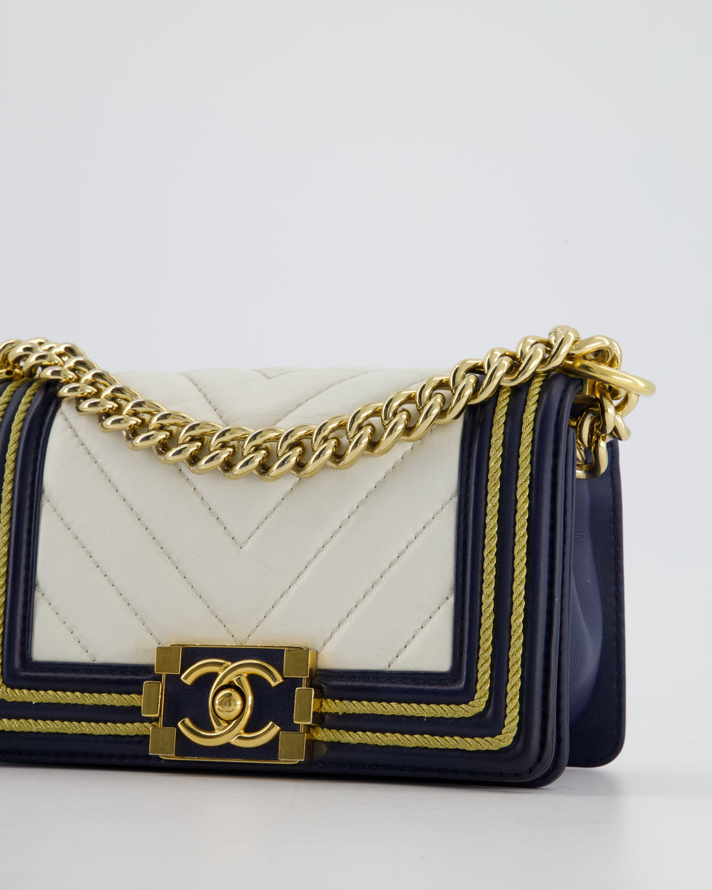 Chanel Navy and White 19C Small Boy Bag in Chevron Lambskin Leather and Gold Hardware with Gold Rope Trim Detailing