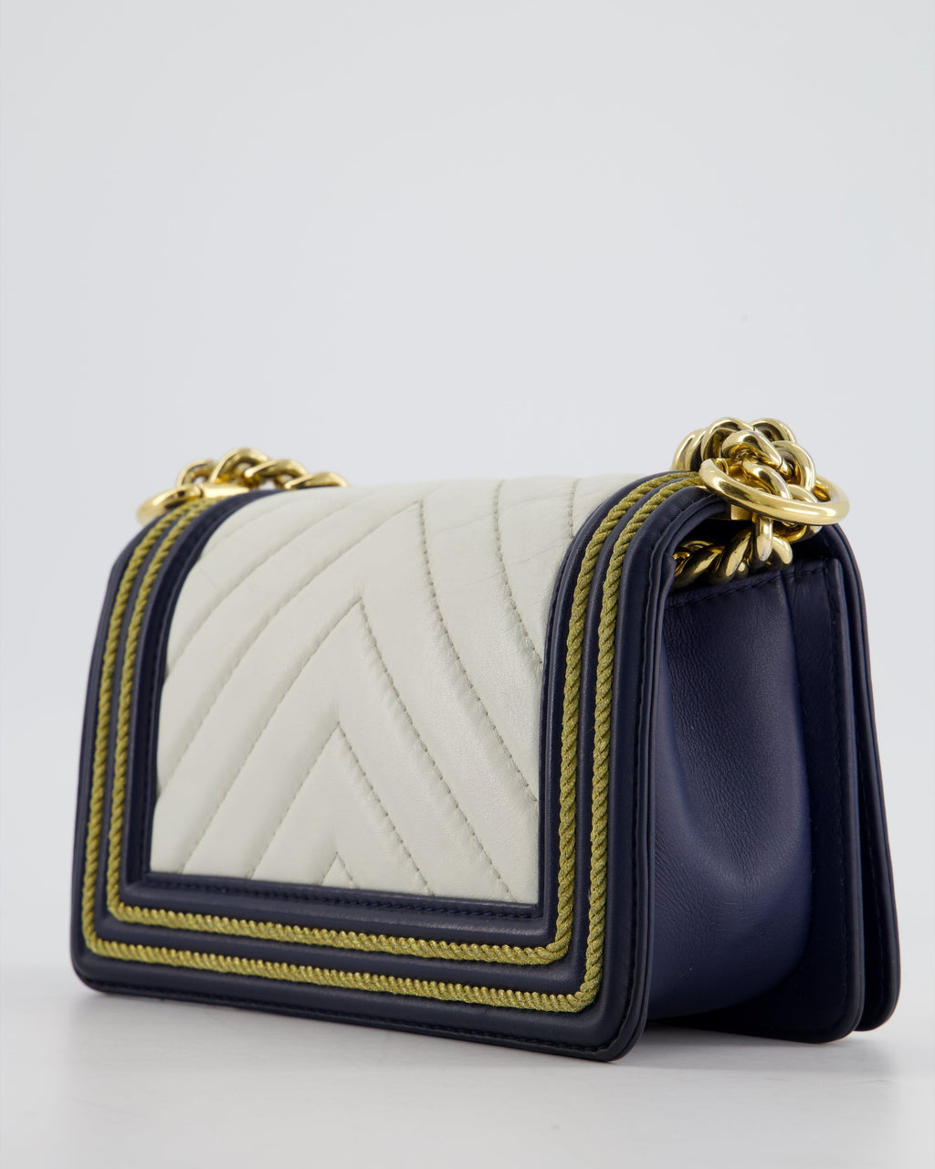 Chanel Navy and White 19C Small Boy Bag in Chevron Lambskin Leather and Gold Hardware with Gold Rope Trim Detailing