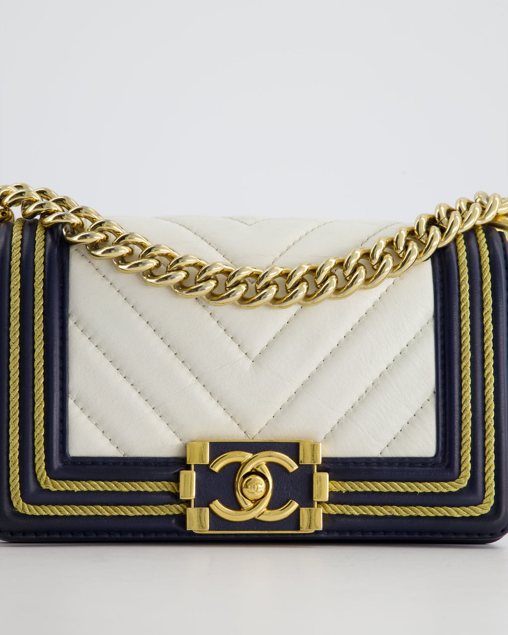Chanel Navy and White 19C Small Boy Bag in Chevron Lambskin Leather and Gold Hardware with Gold Rope Trim Detailing