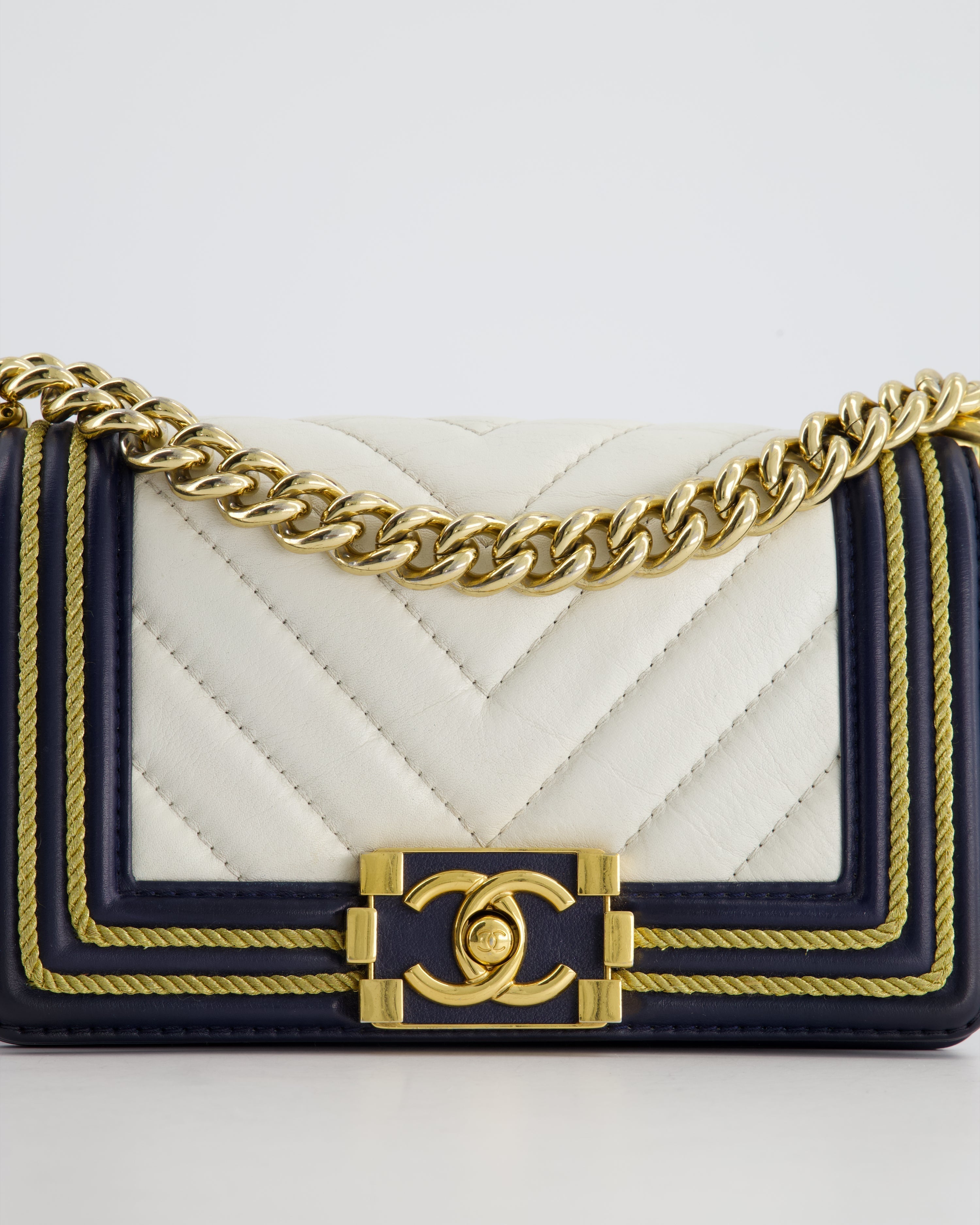 Chanel Navy and White 19C Small Boy Bag in Chevron Lambskin Leather and Gold Hardware with Gold Rope Trim Detailing