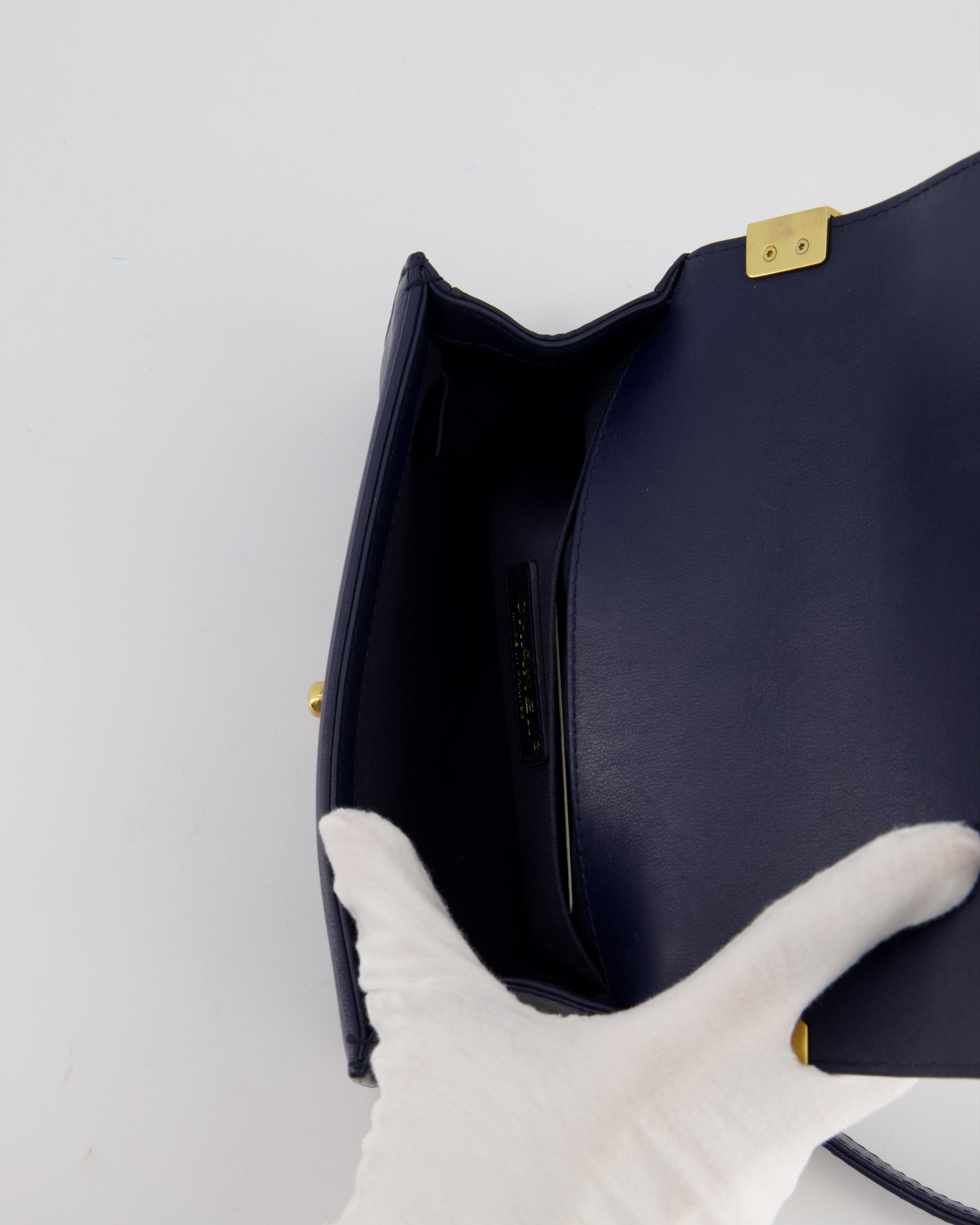 Chanel Navy and White 19C Small Boy Bag in Chevron Lambskin Leather and Gold Hardware with Gold Rope Trim Detailing