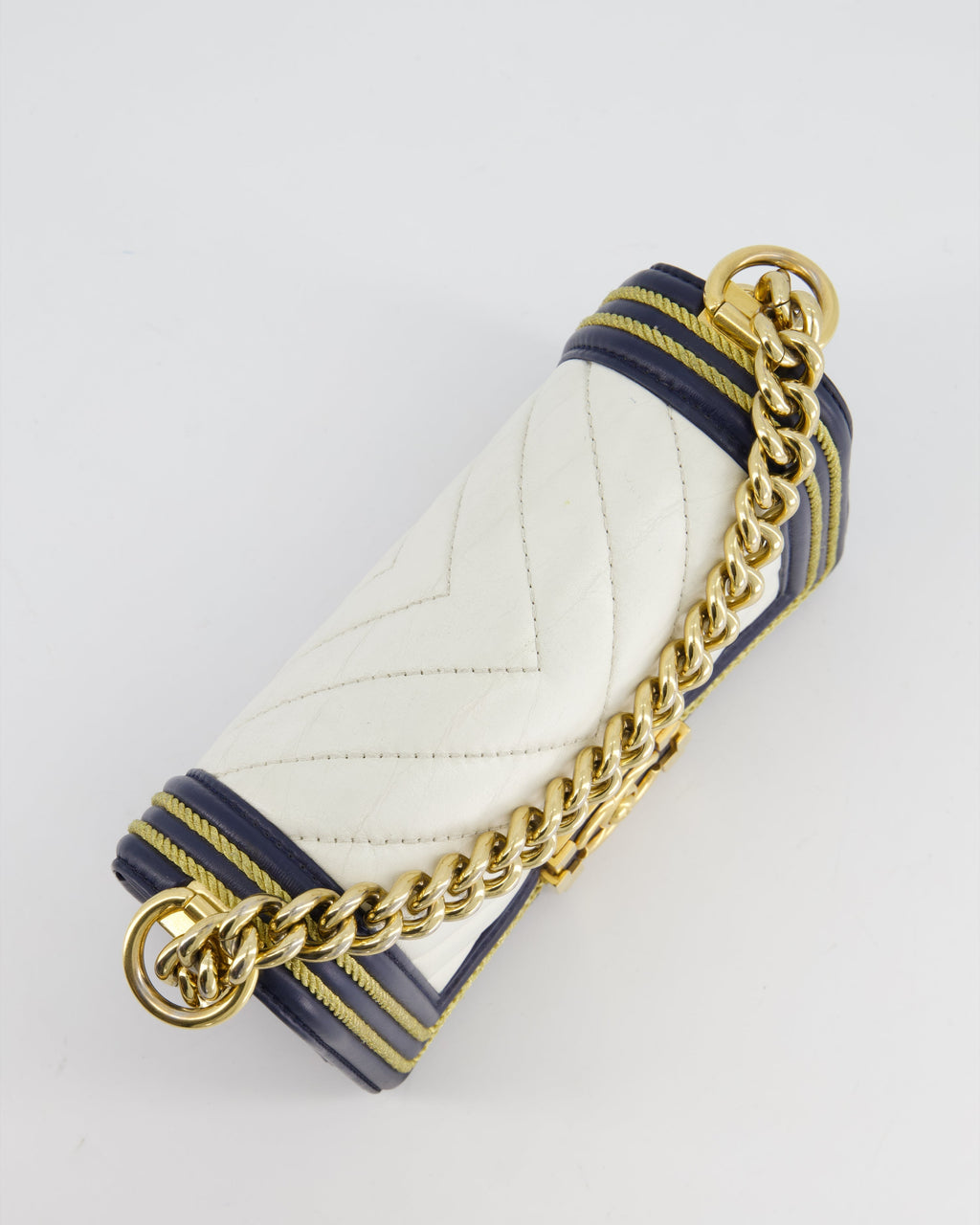 Chanel Navy and White 19C Small Boy Bag in Chevron Lambskin Leather and Gold Hardware with Gold Rope Trim Detailing