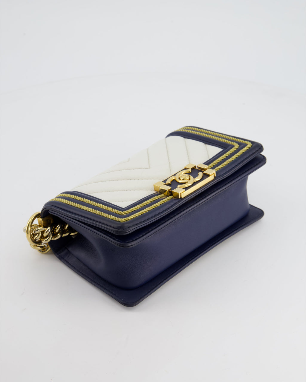 Chanel Navy and White 19C Small Boy Bag in Chevron Lambskin Leather and Gold Hardware with Gold Rope Trim Detailing