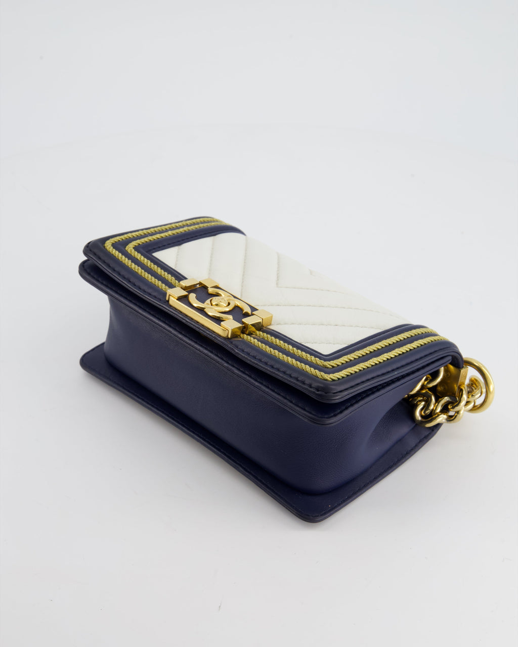 Chanel Navy and White 19C Small Boy Bag in Chevron Lambskin Leather and Gold Hardware with Gold Rope Trim Detailing
