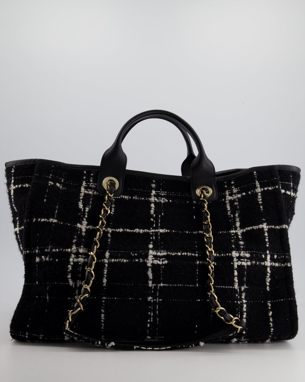 *RUNWAY PIECE* Chanel Fall / Winter 2022 Medium Black and White Wool Deauville Tote Bag with Multicolour Logo and Champagne Gold Hardware