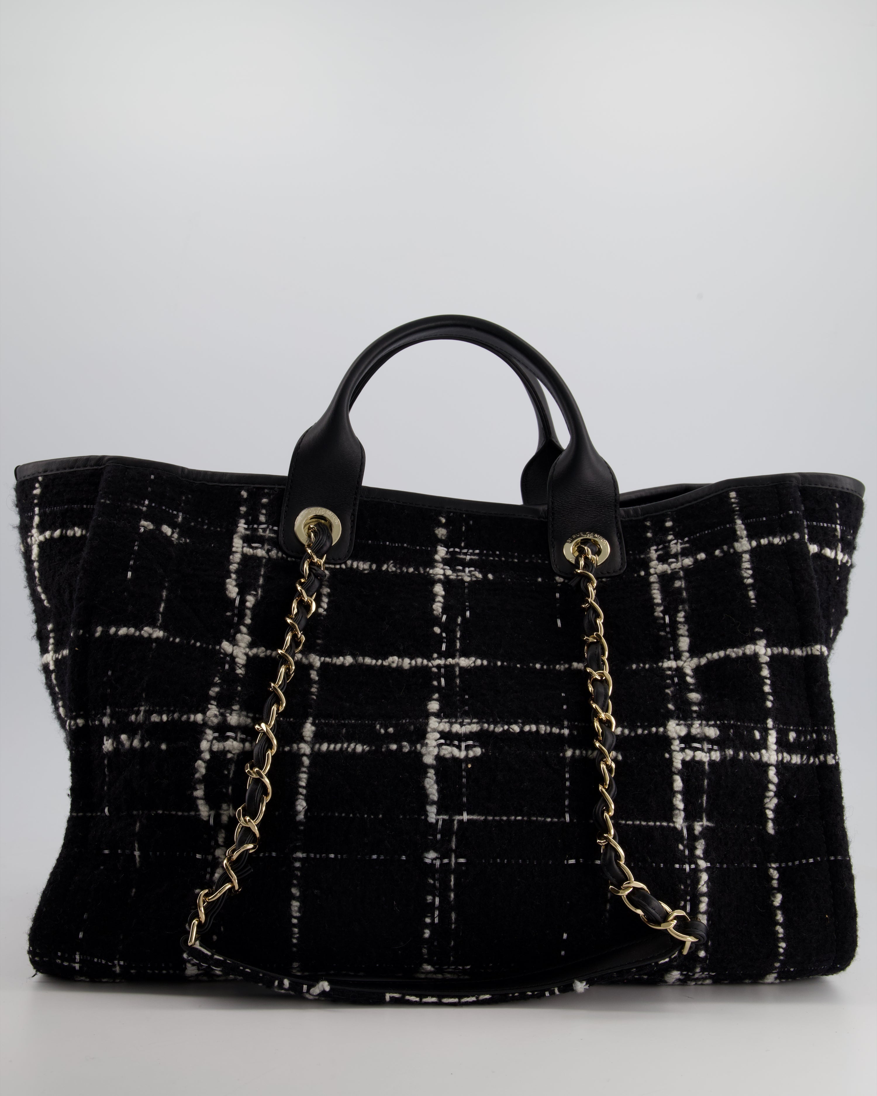 *RUNWAY PIECE* Chanel Fall / Winter 2022 Medium Black and White Wool Deauville Tote Bag with Multicolour Logo and Champagne Gold Hardware