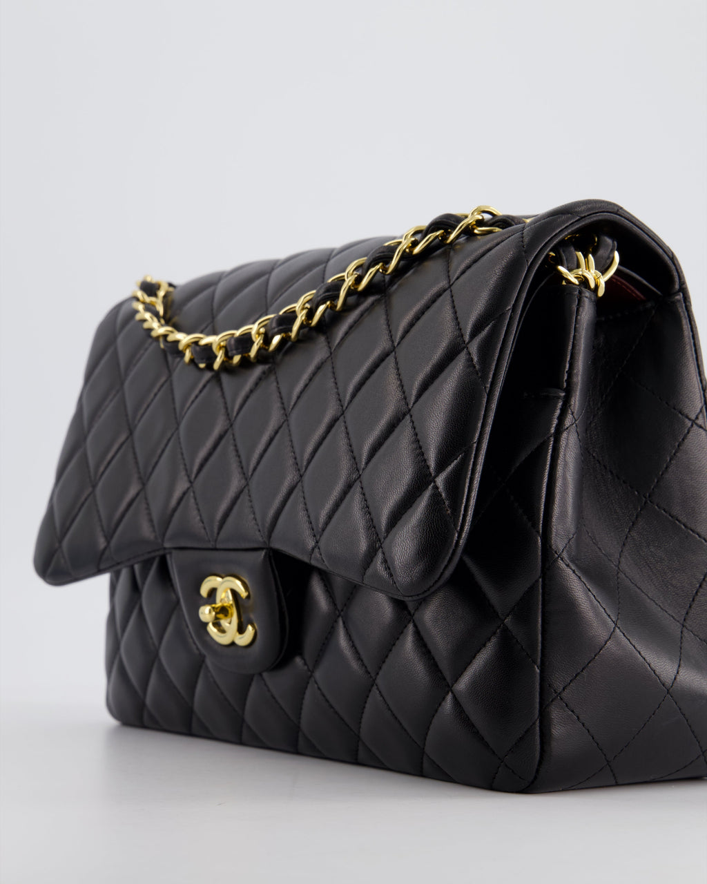 Chanel Black Jumbo Classic Double Flap Bag in Lambskin Leather with Gold Hardware