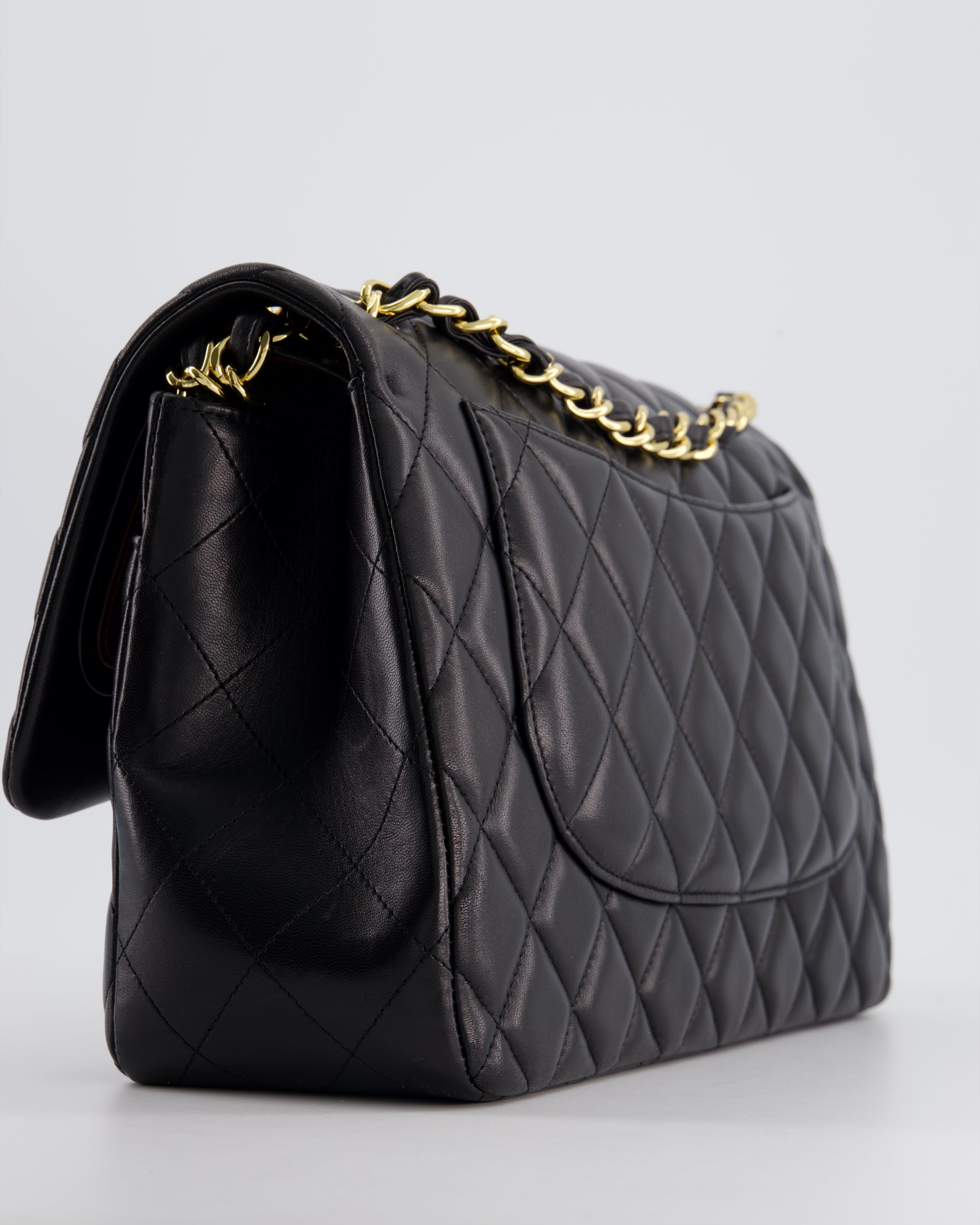 Chanel Black Jumbo Classic Double Flap Bag in Lambskin Leather with Gold Hardware