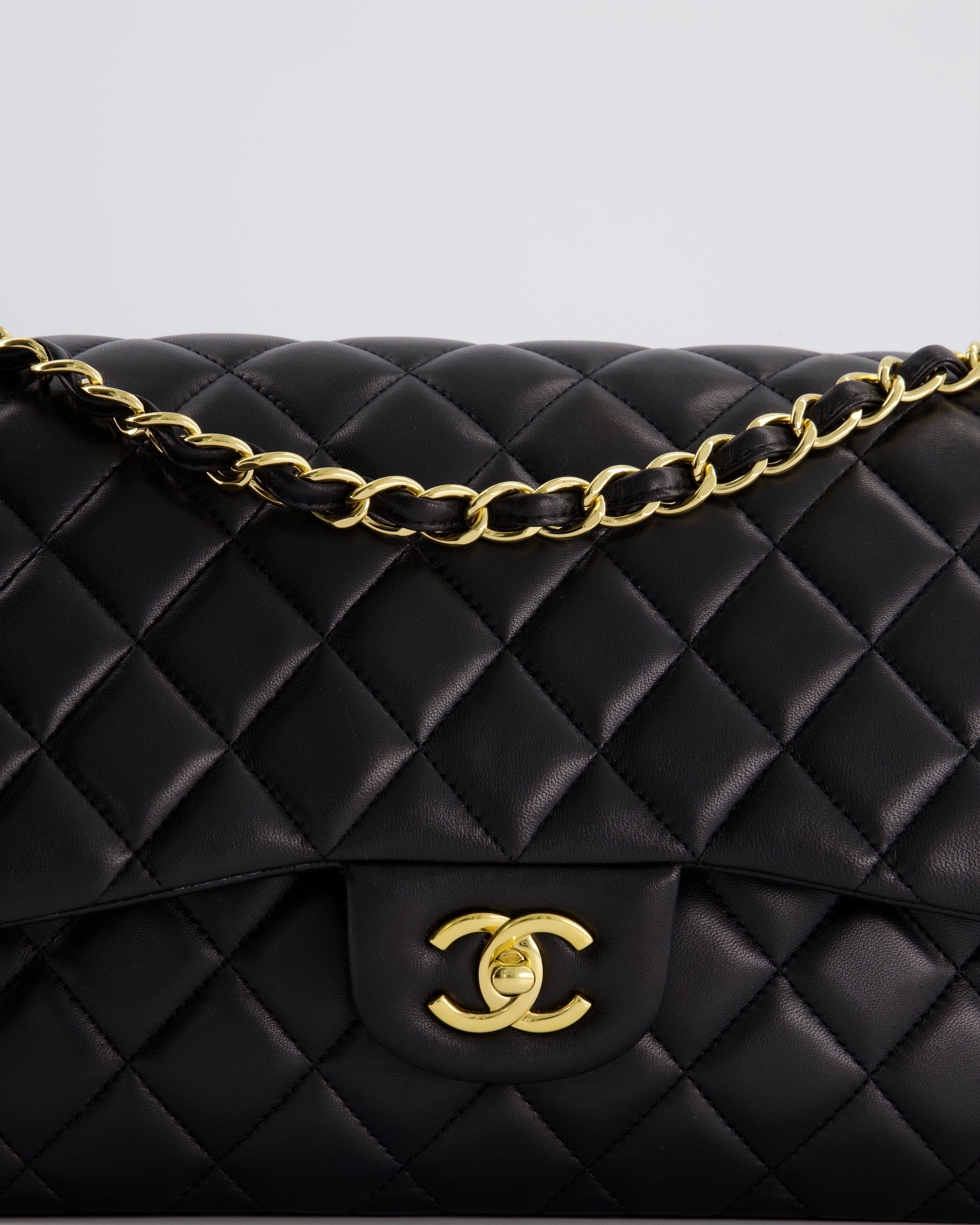 Chanel Black Jumbo Classic Double Flap Bag in Lambskin Leather with Gold Hardware