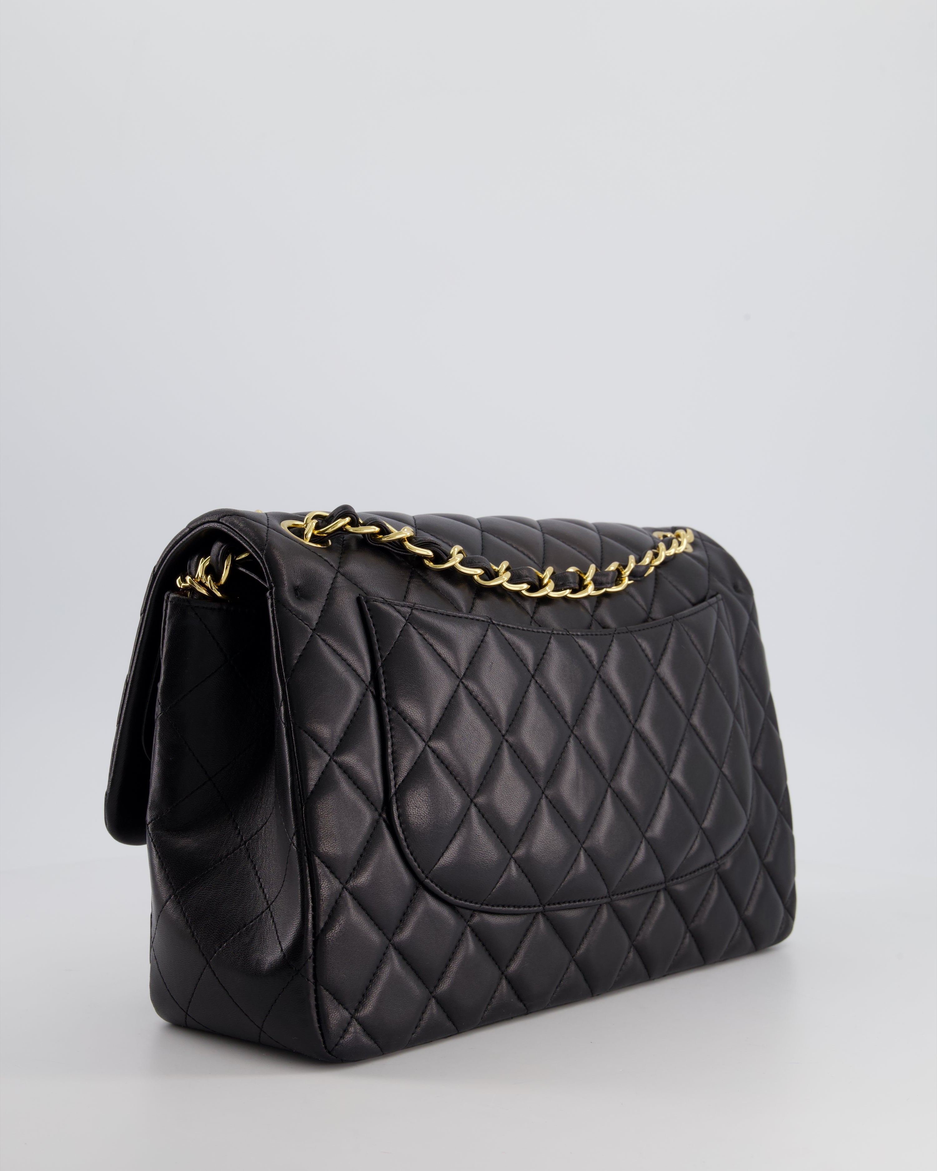 Chanel Black Jumbo Classic Double Flap Bag in Lambskin Leather with Gold Hardware