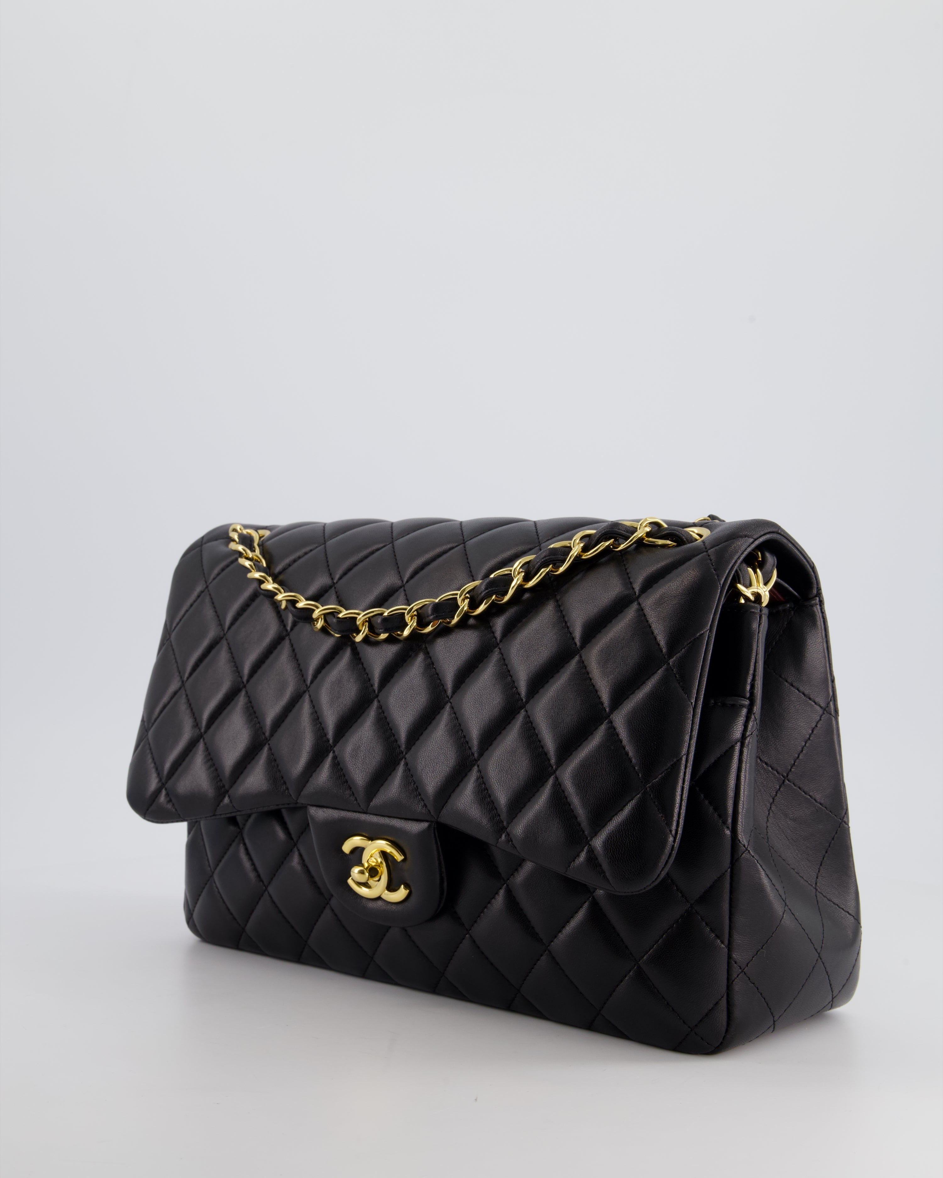 Chanel Black Jumbo Classic Double Flap Bag in Lambskin Leather with Gold Hardware