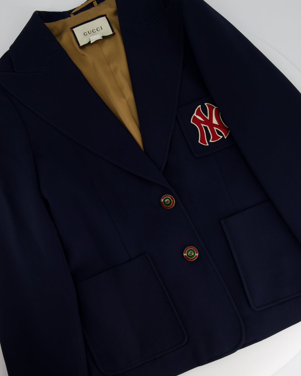 Gucci Navy Single-Breasted Blazer Jacket with Red NY Patch and Logo Button Detail Size IT 40 (UK 8)