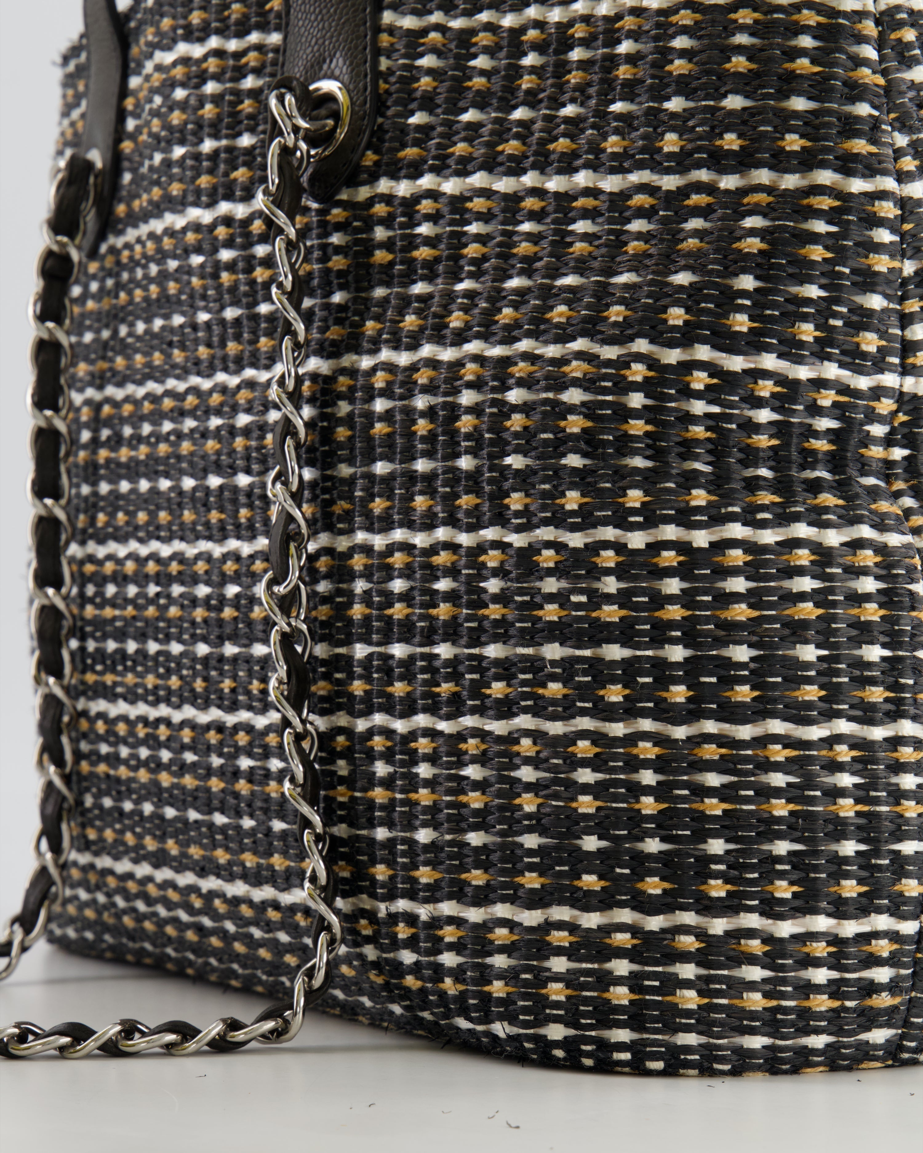 Chanel Black Raffia Chain CC Tote Bag with Silver Hardware