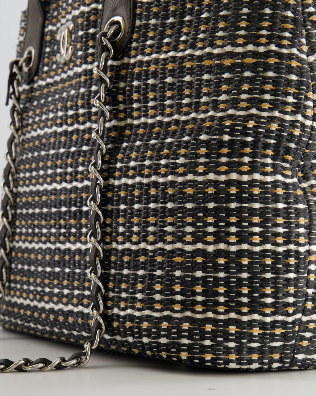 Chanel Black Raffia Chain CC Tote Bag with Silver Hardware