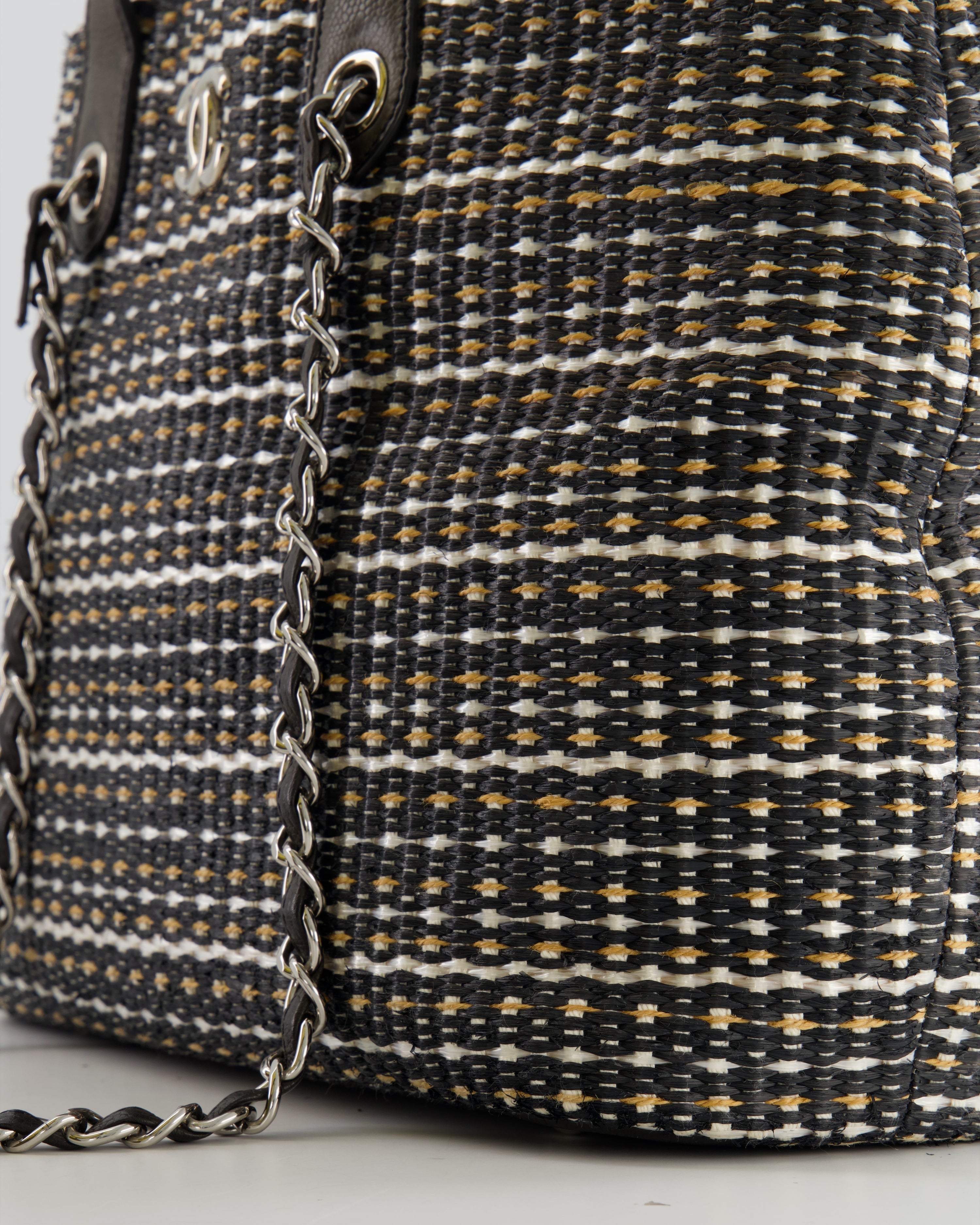 Chanel Black Raffia Chain CC Tote Bag with Silver Hardware