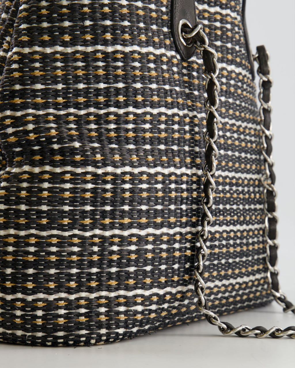 Chanel Black Raffia Chain CC Tote Bag with Silver Hardware