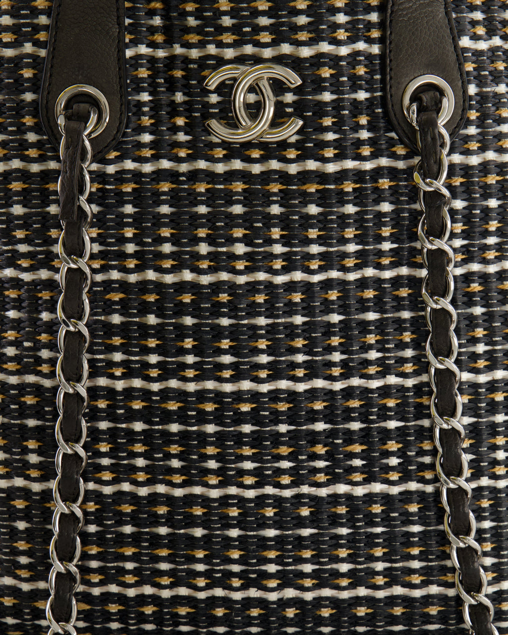 Chanel Black Raffia Chain CC Tote Bag with Silver Hardware