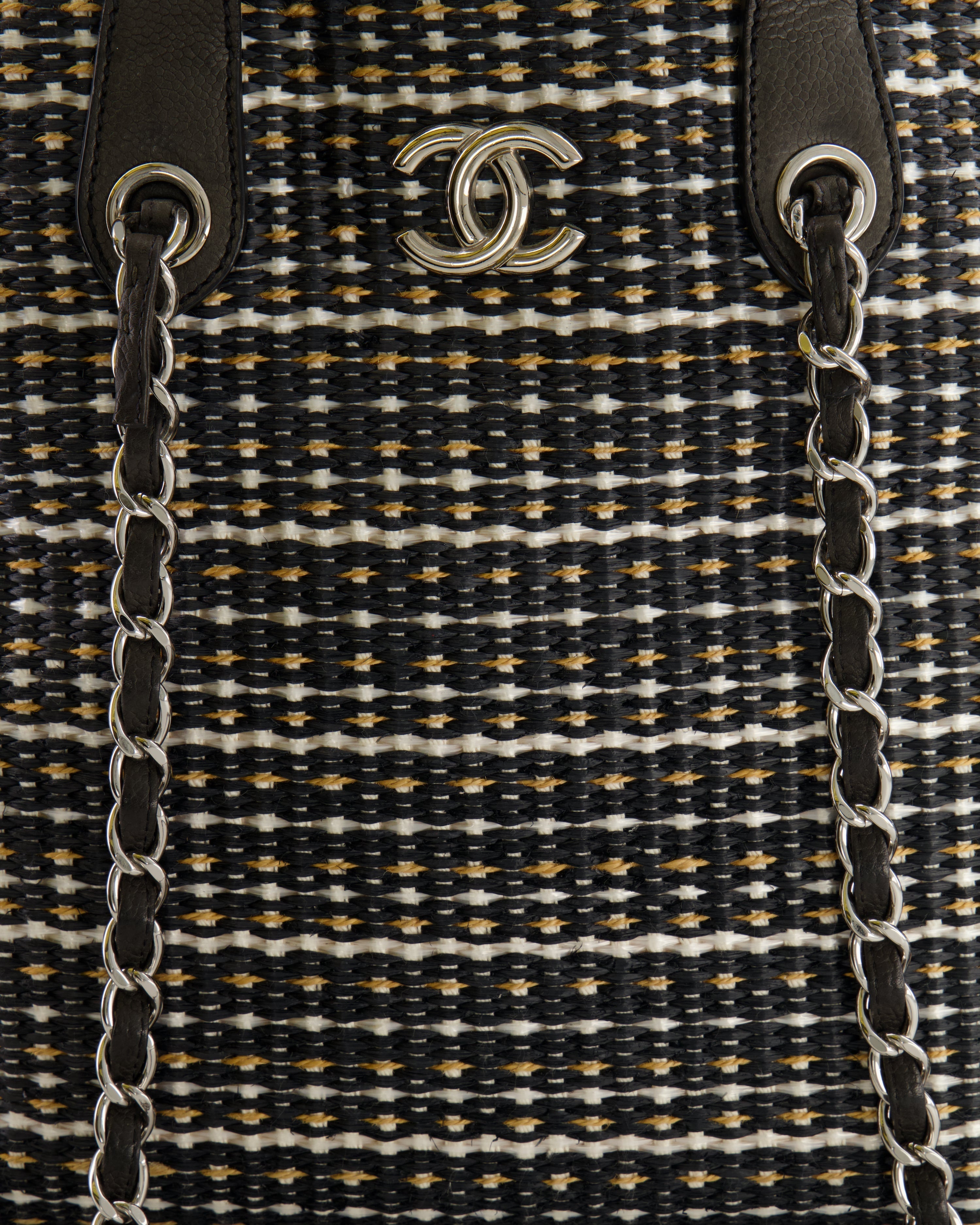 Chanel Black Raffia Chain CC Tote Bag with Silver Hardware