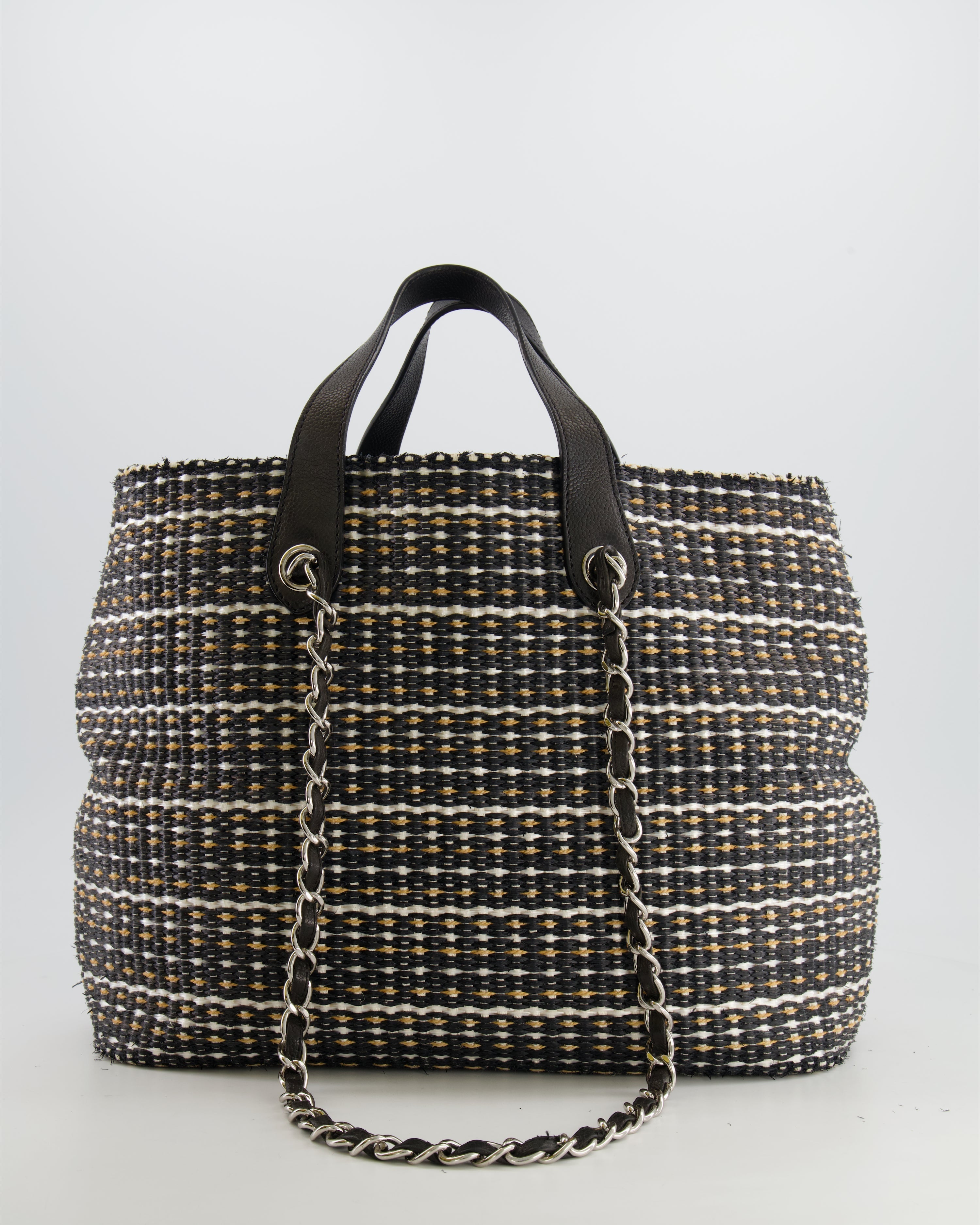 Chanel Black Raffia Chain CC Tote Bag with Silver Hardware