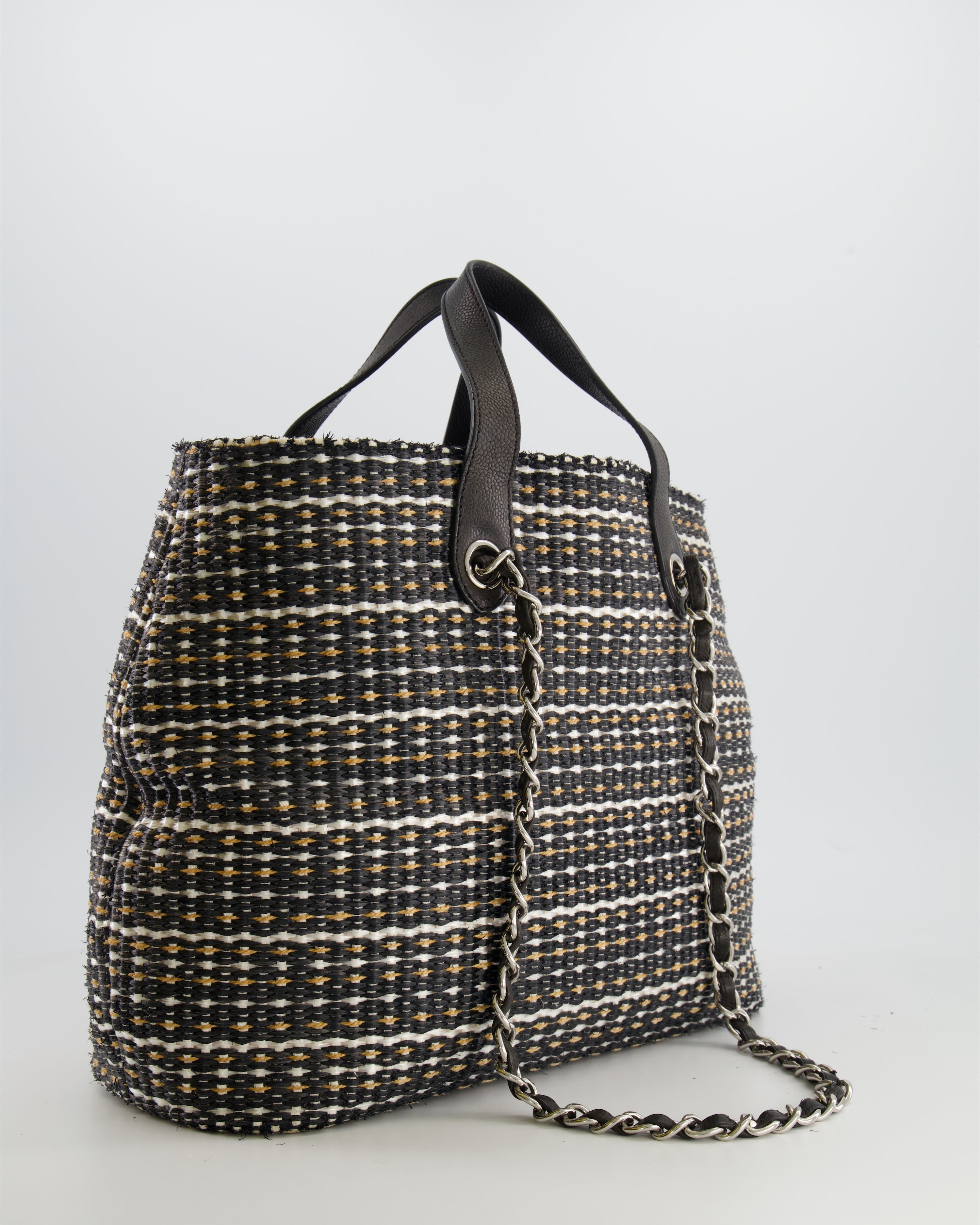 Chanel Black Raffia Chain CC Tote Bag with Silver Hardware