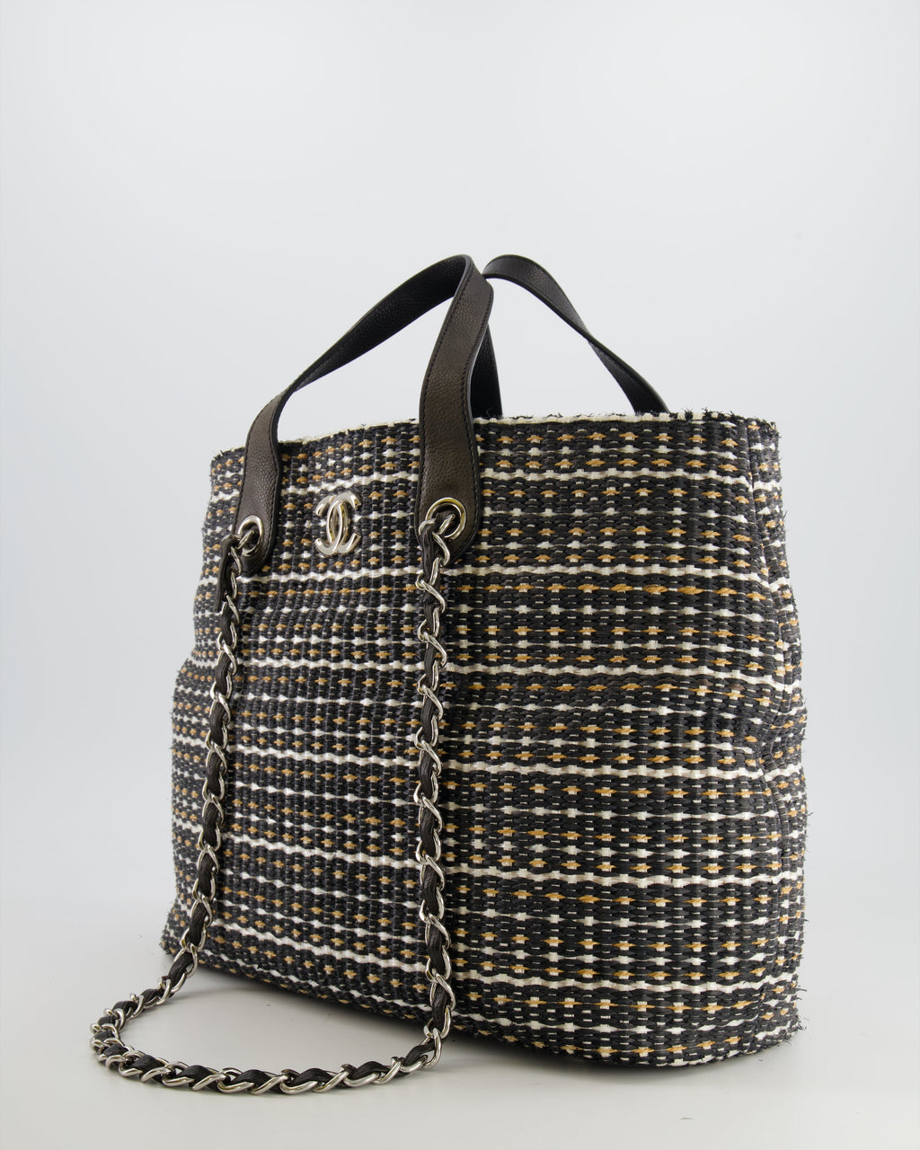 Chanel Black Raffia Chain CC Tote Bag with Silver Hardware