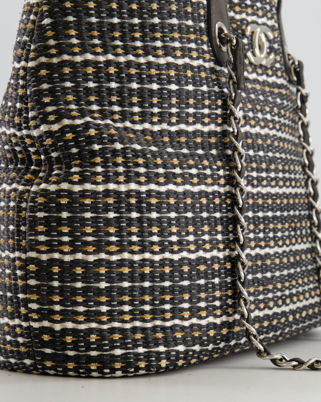 Chanel Black Raffia Chain CC Tote Bag with Silver Hardware