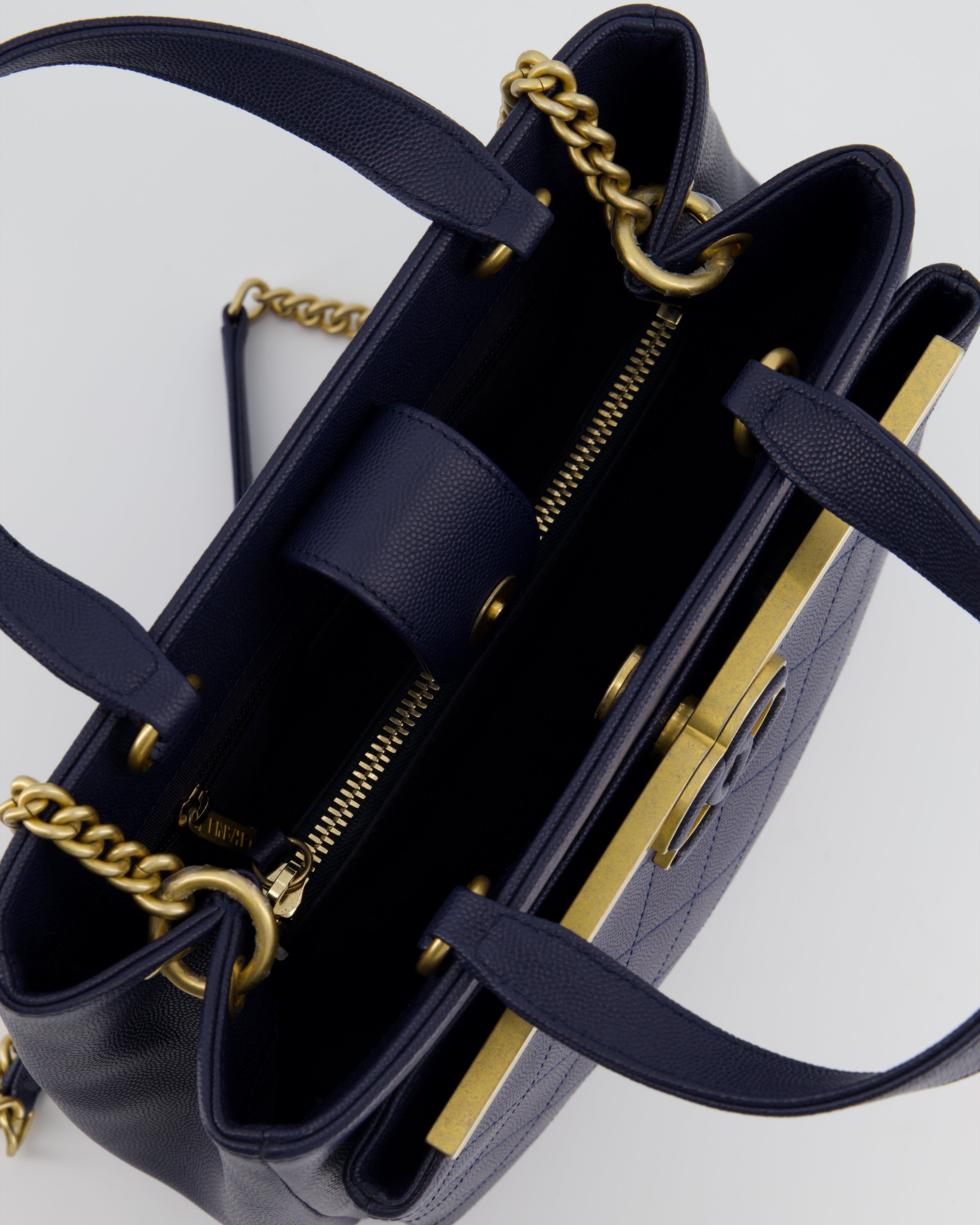 Chanel Navy Framed Business Affinity Bag in Caviar Leather with Brushed Gold Hardware