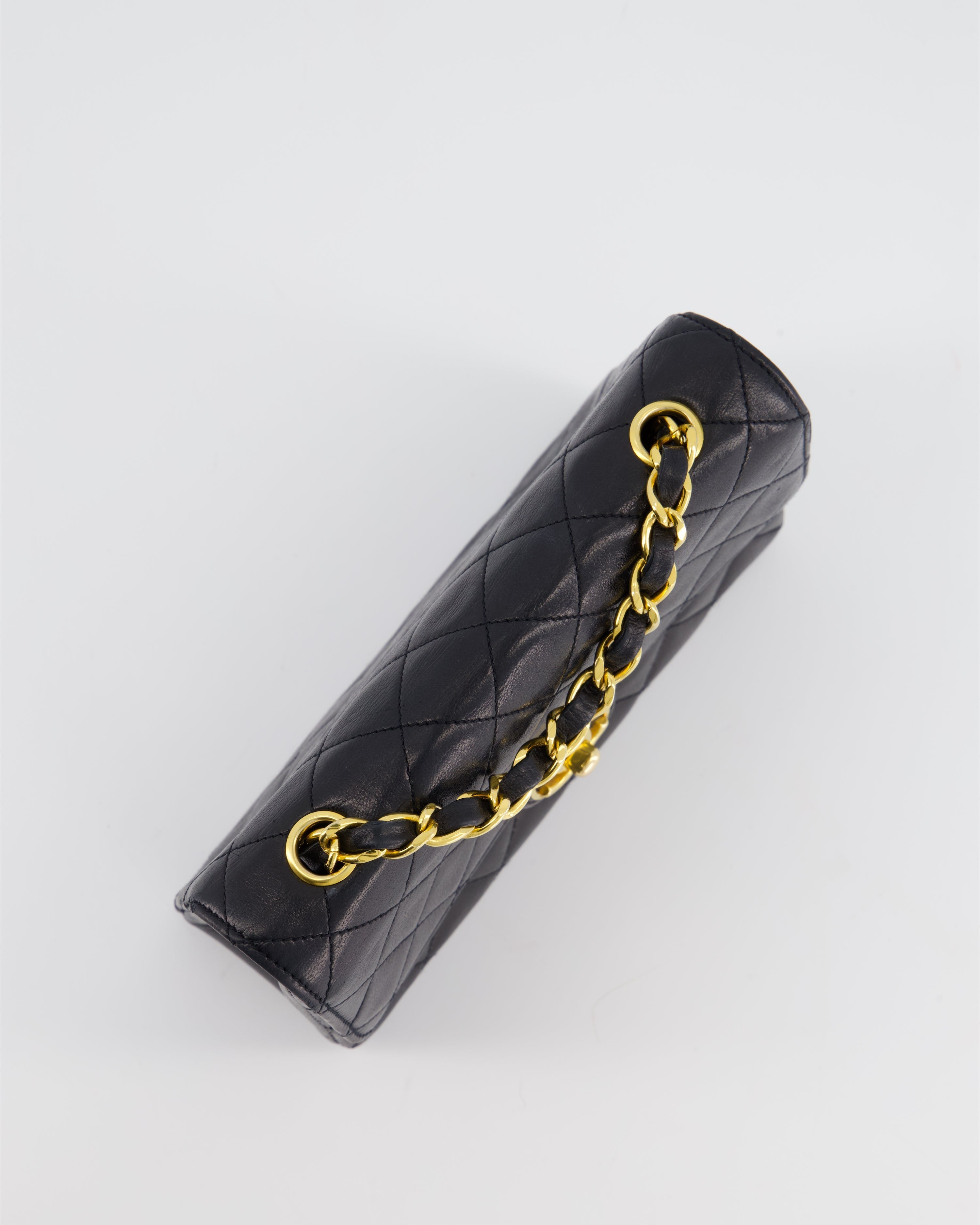 Chanel Vintage Black Mini Rectagular Single Flap Bag in Lambskin Leather and 24K Gold Hardware