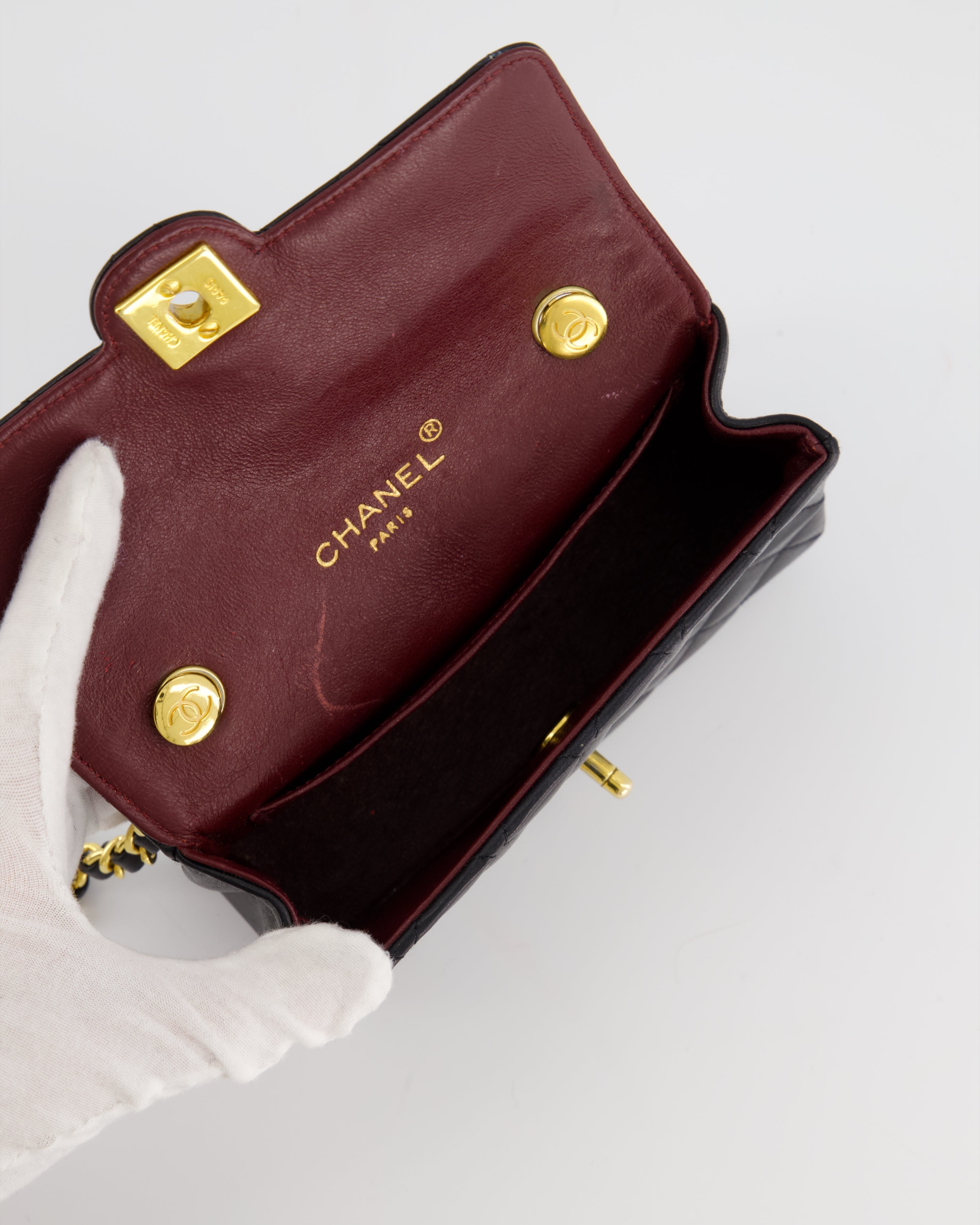 Chanel Vintage Black Mini Rectagular Single Flap Bag in Lambskin Leather and 24K Gold Hardware