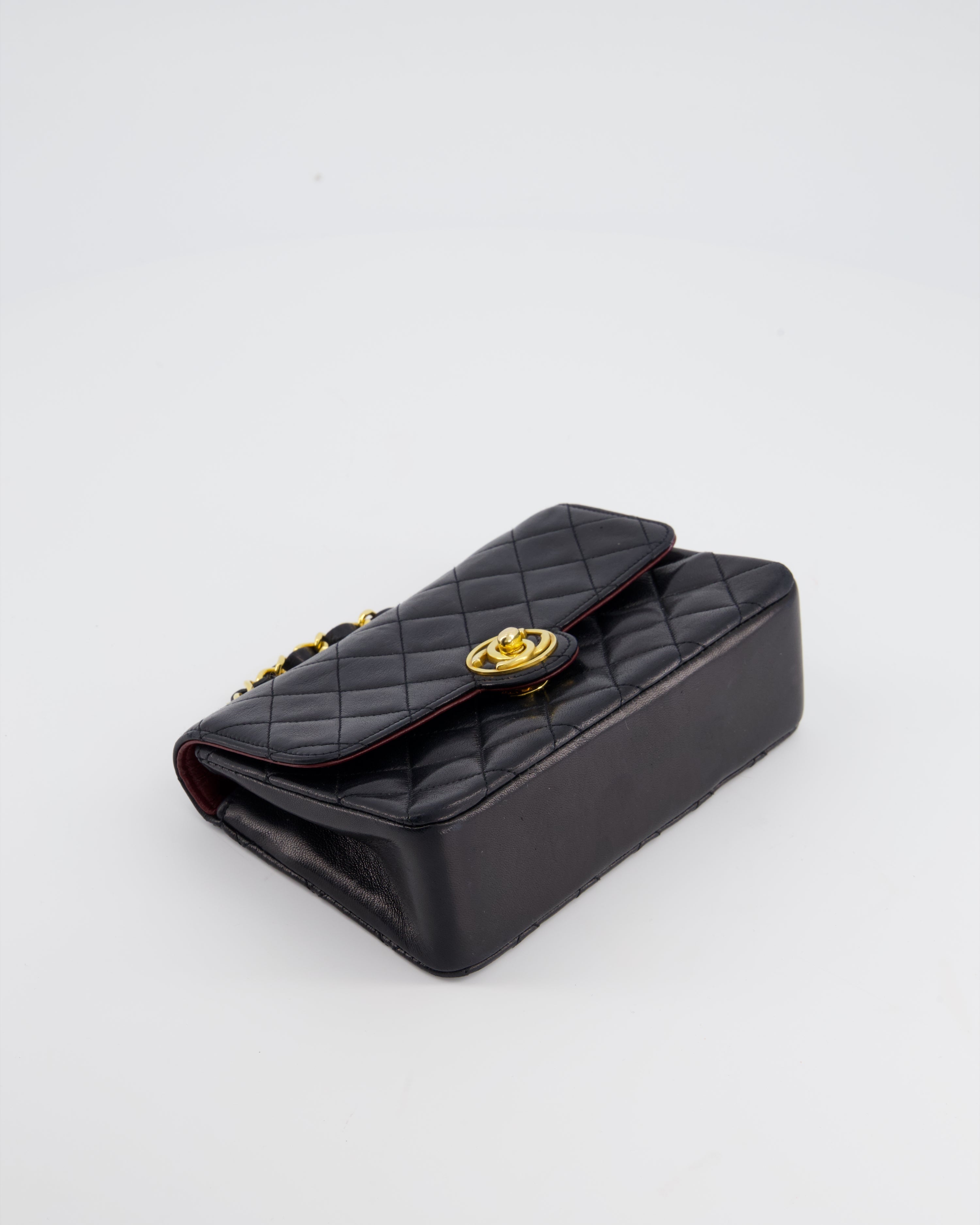 Chanel Vintage Black Mini Rectagular Single Flap Bag in Lambskin Leather and 24K Gold Hardware