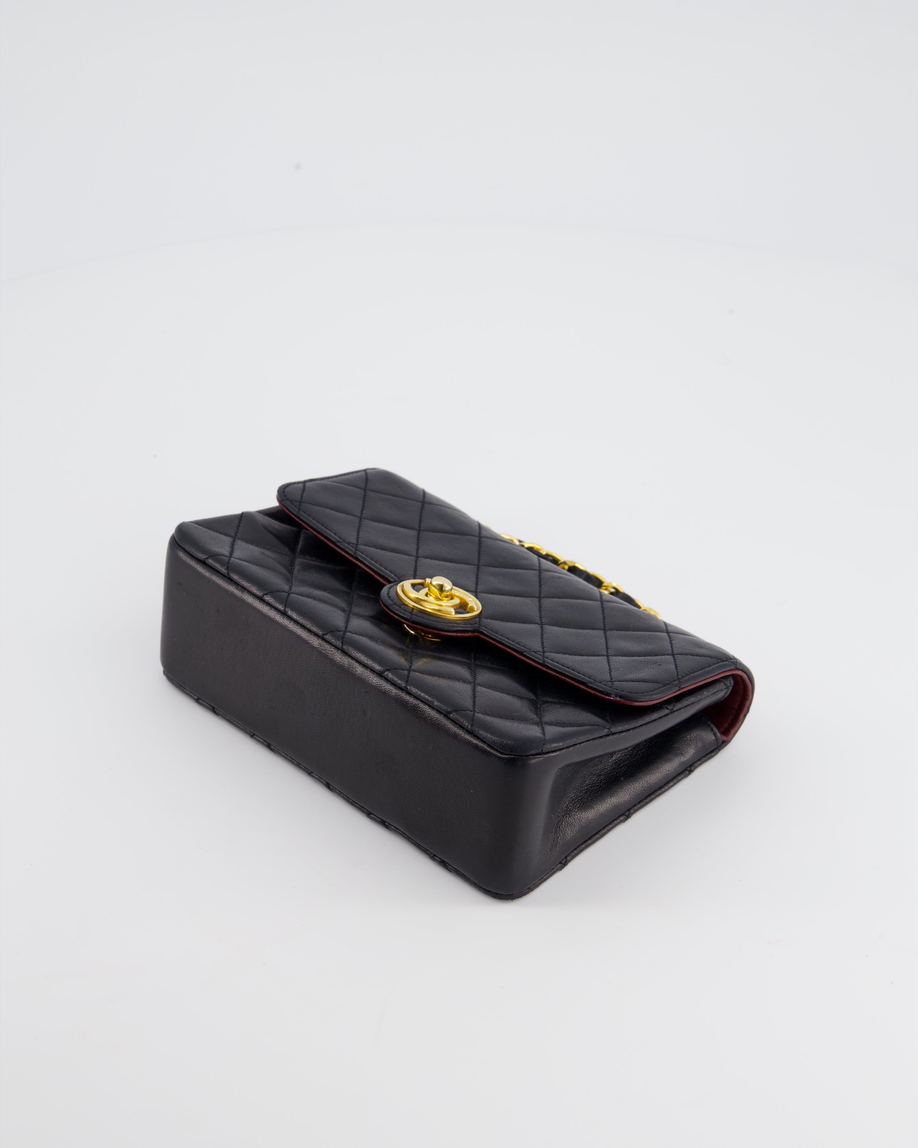 Chanel Vintage Black Mini Rectagular Single Flap Bag in Lambskin Leather and 24K Gold Hardware