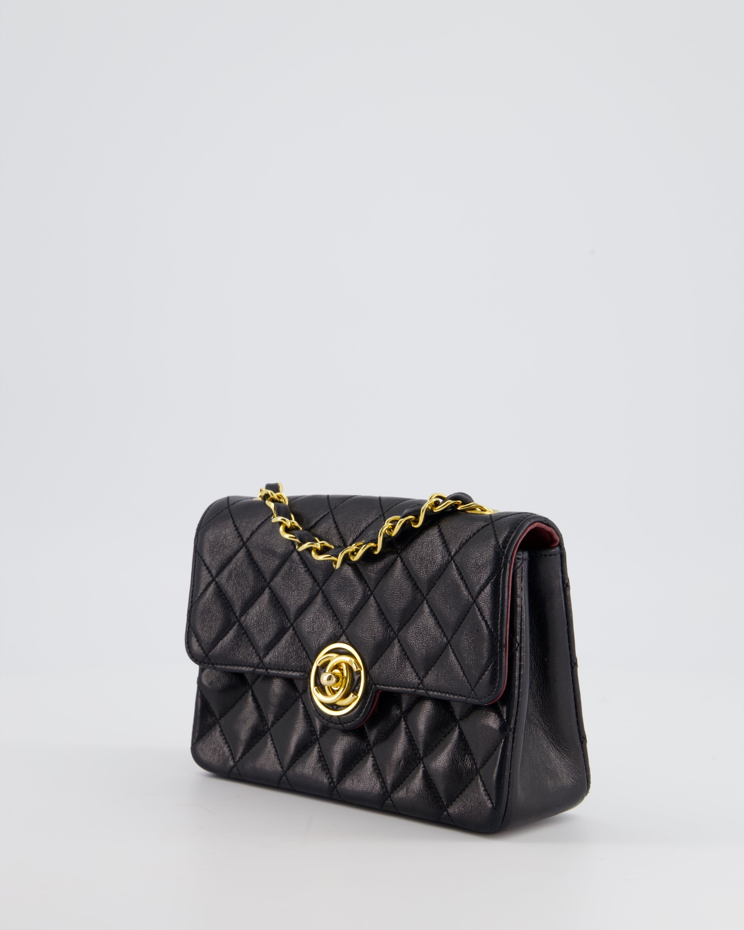 Chanel Vintage Black Mini Rectagular Single Flap Bag in Lambskin Leather and 24K Gold Hardware