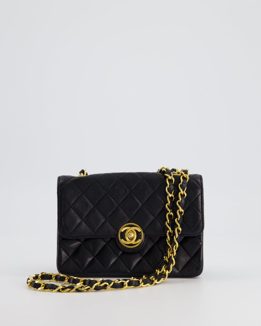 Chanel Vintage Black Mini Rectagular Single Flap Bag in Lambskin Leather and 24K Gold Hardware