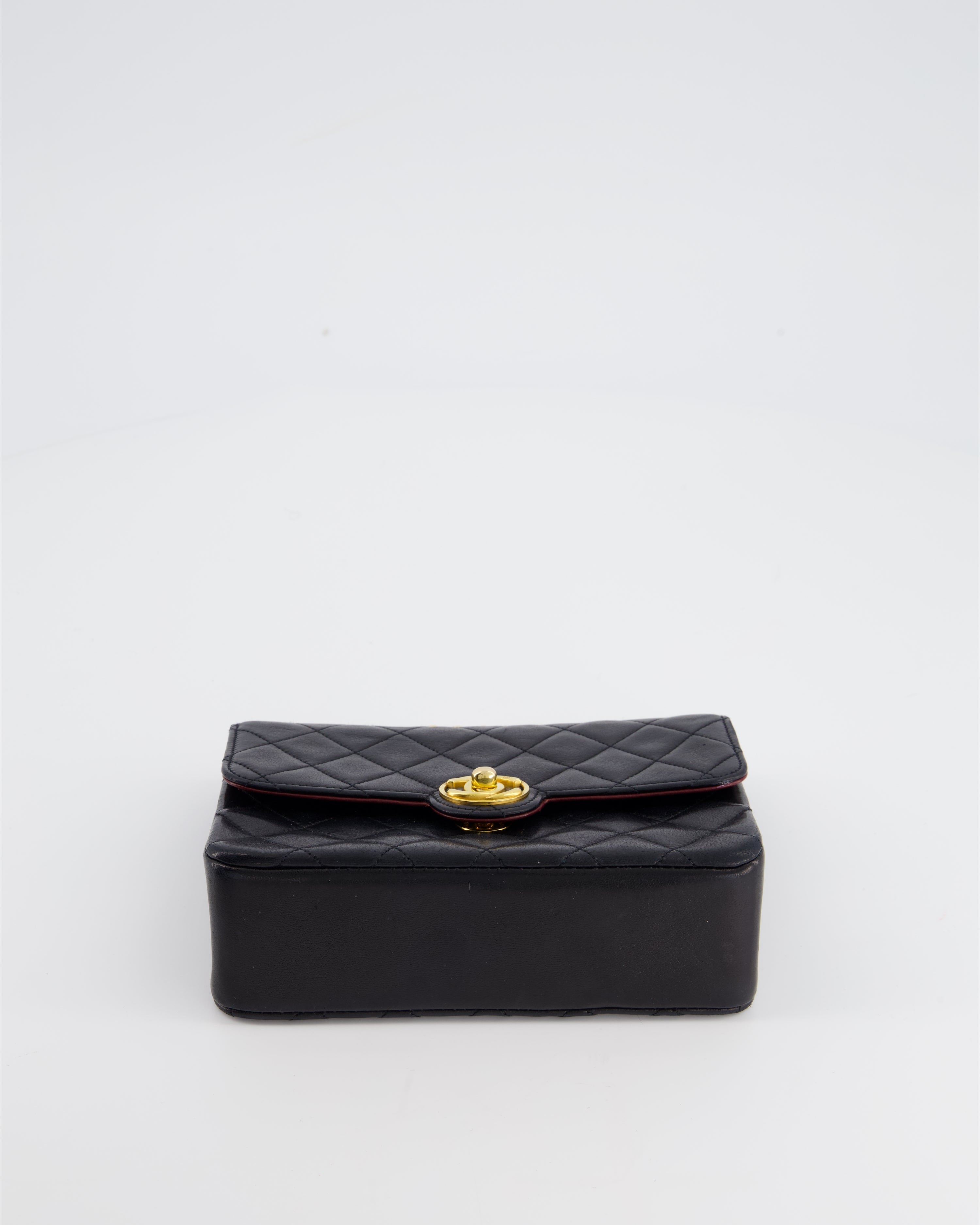 Chanel Vintage Black Mini Rectagular Single Flap Bag in Lambskin Leather and 24K Gold Hardware
