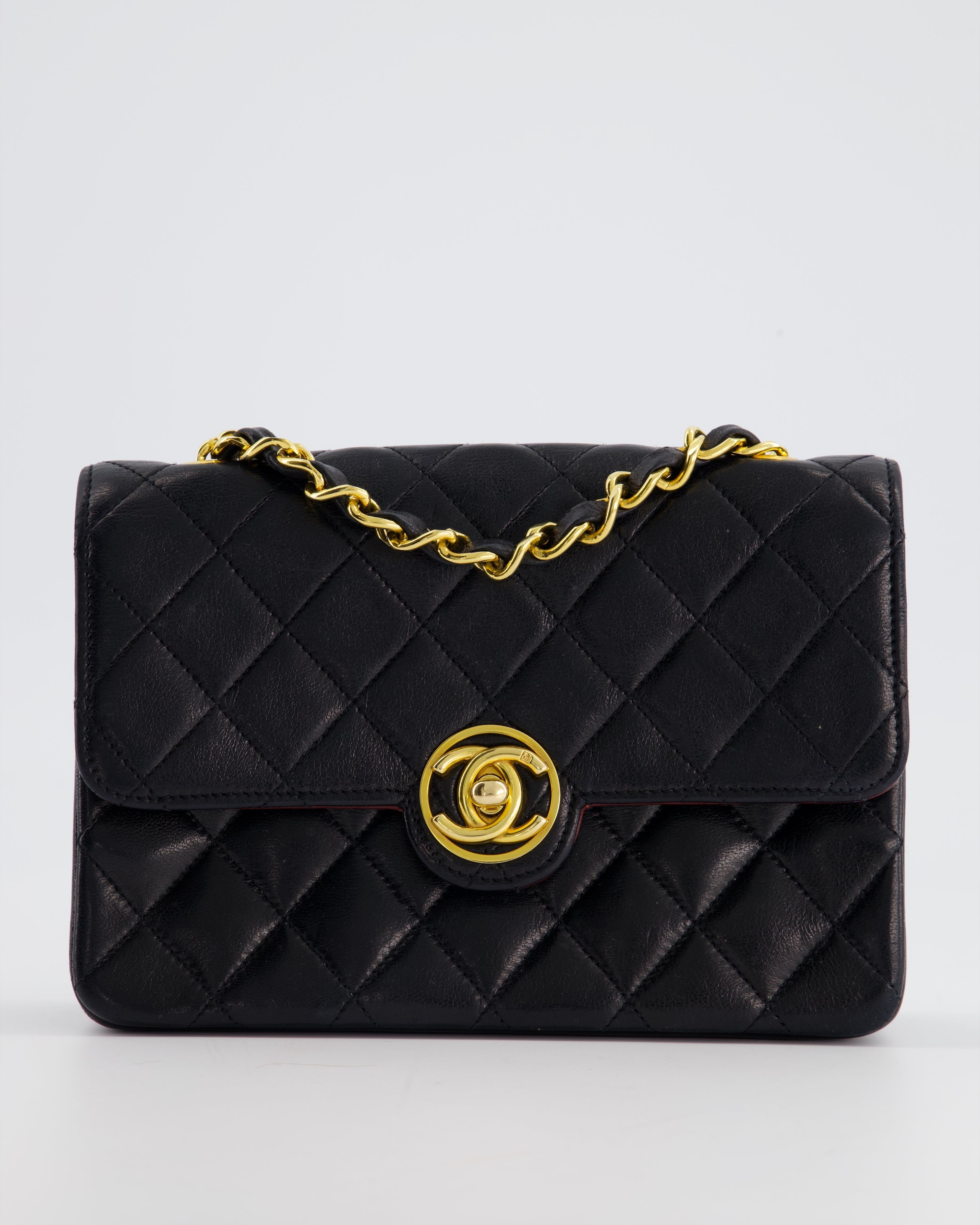 Chanel Vintage Black Mini Rectagular Single Flap Bag in Lambskin Leather and 24K Gold Hardware
