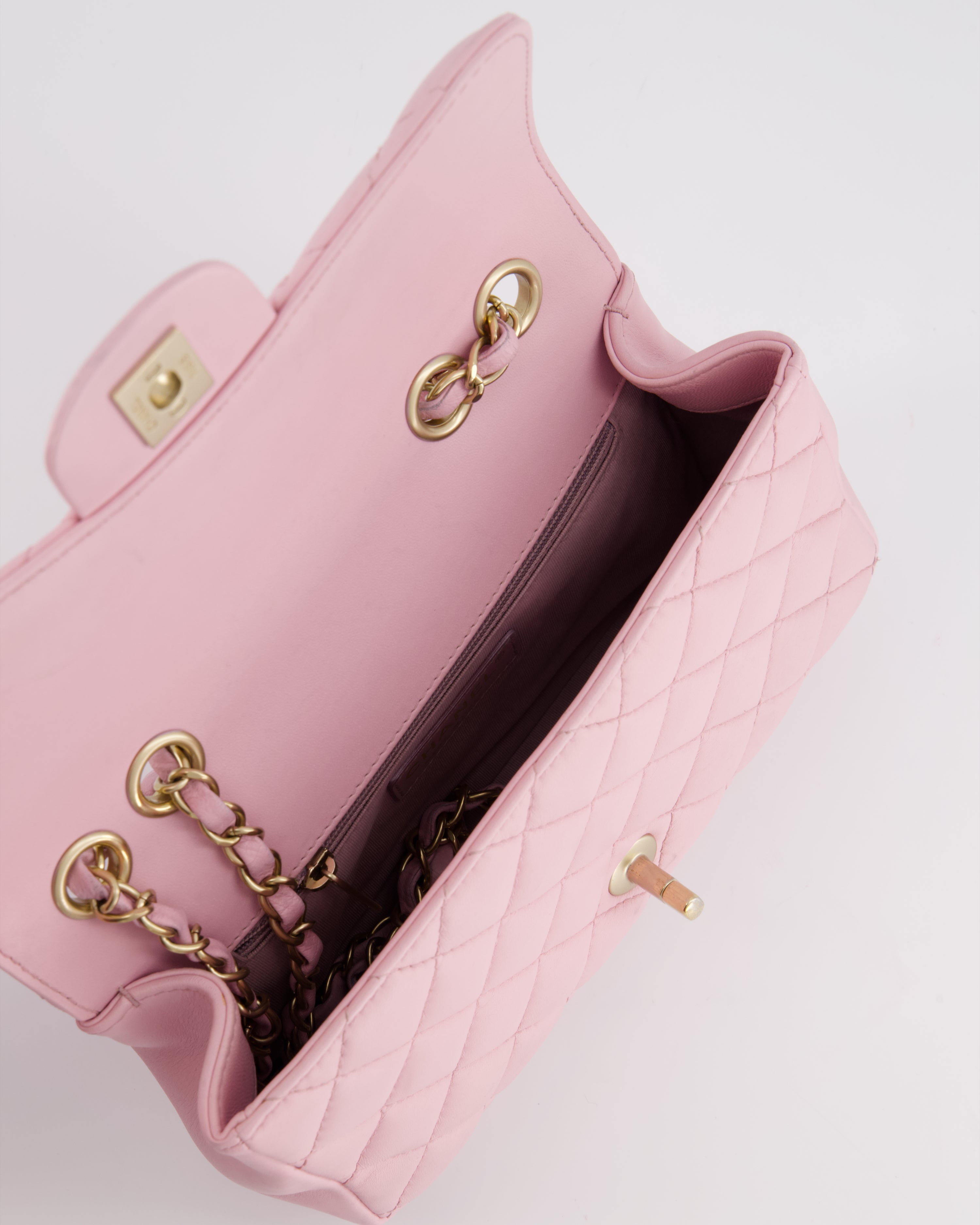 Chanel Pastel Pink 2015-26 Seasonal Small Single Flap Bag in Lambskin Leather with Brushed Gold Hardware