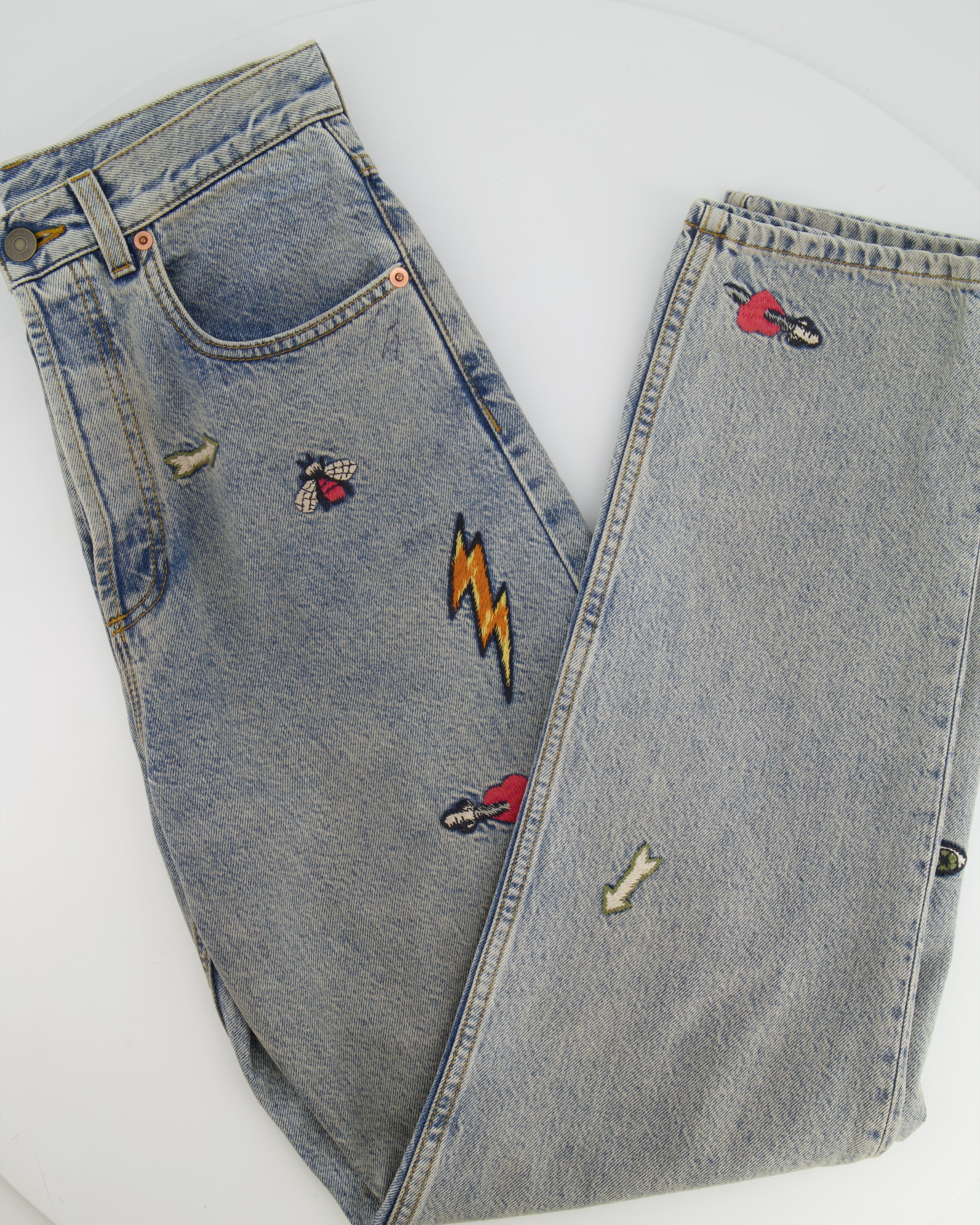 Gucci Blue Straight Loved Jeans with Multicolour Embroideries Size 25 (UK 6)