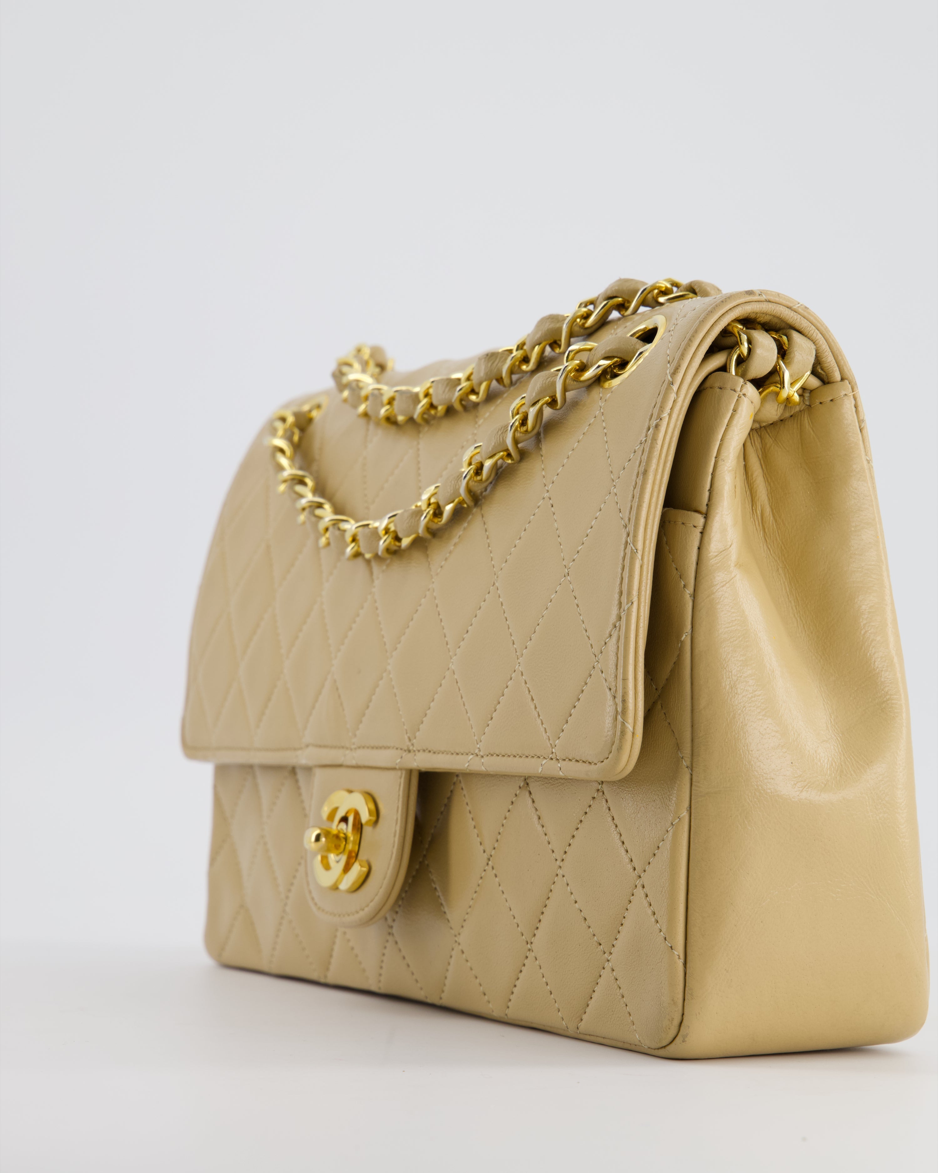 Chanel Beige Vintage Classic Medium Double Flap Bag in Lambskin Leather with 24K Gold Hardware and Stitched Edge